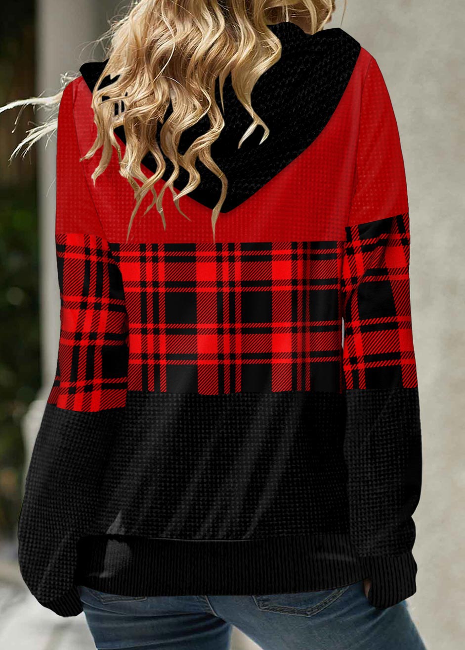 Red plus size,Plaid plus size,ROTITA Plus Size Patchwork Plaid Red Long Sleeve Hoodie