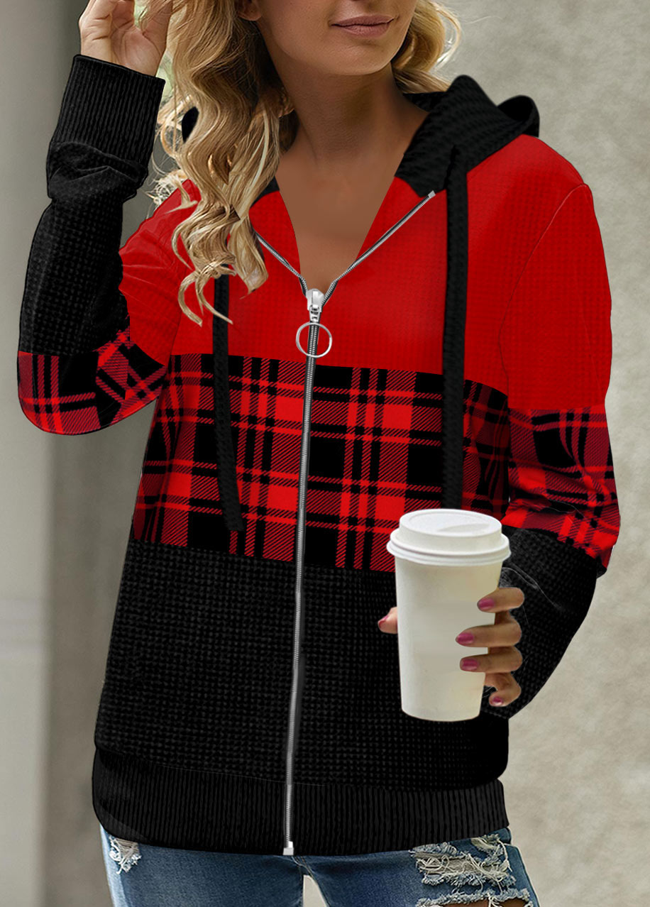 Red plus size,Plaid plus size,ROTITA Plus Size Patchwork Plaid Red Long Sleeve Hoodie