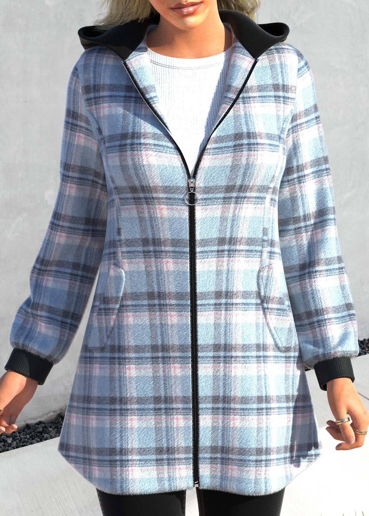 ROTITA Plus Size Zipper Plaid Light Blue Hooded Long Sleeve Jacket