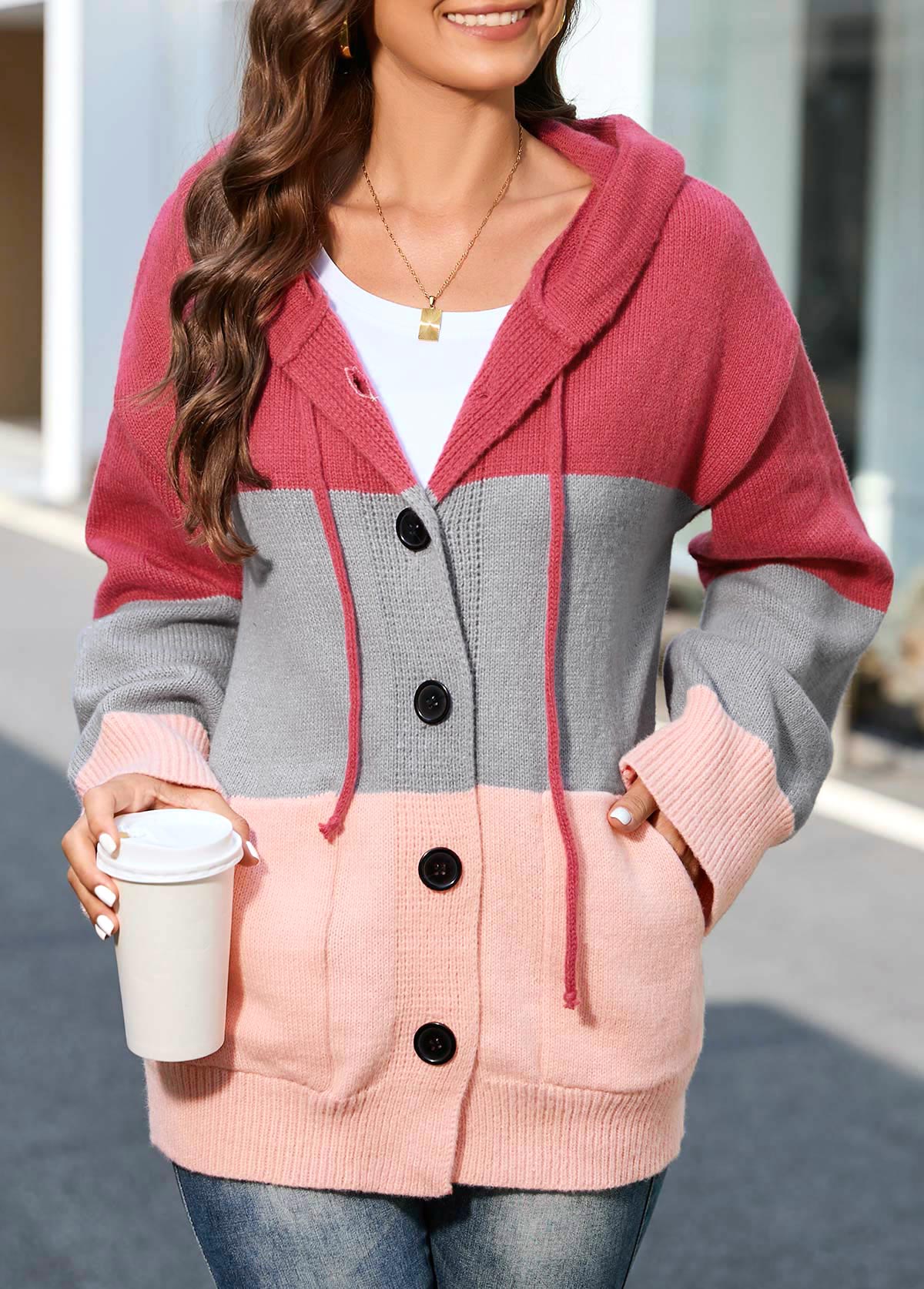 Pink plus size,Plain Color plus size,ROTITA Plus Size Button Up Pink Drawstring Hooded Collar Cardigan