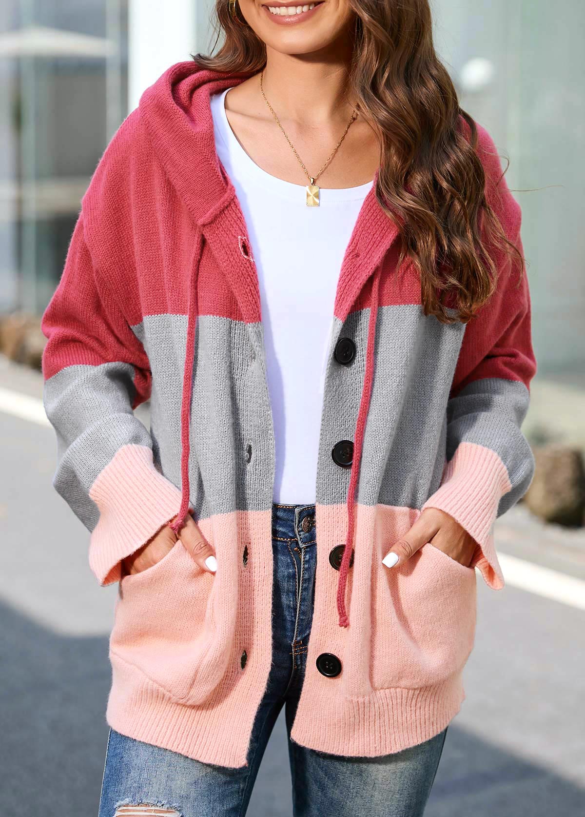 Pink plus size,Plain Color plus size,ROTITA Plus Size Button Up Pink Drawstring Hooded Collar Cardigan