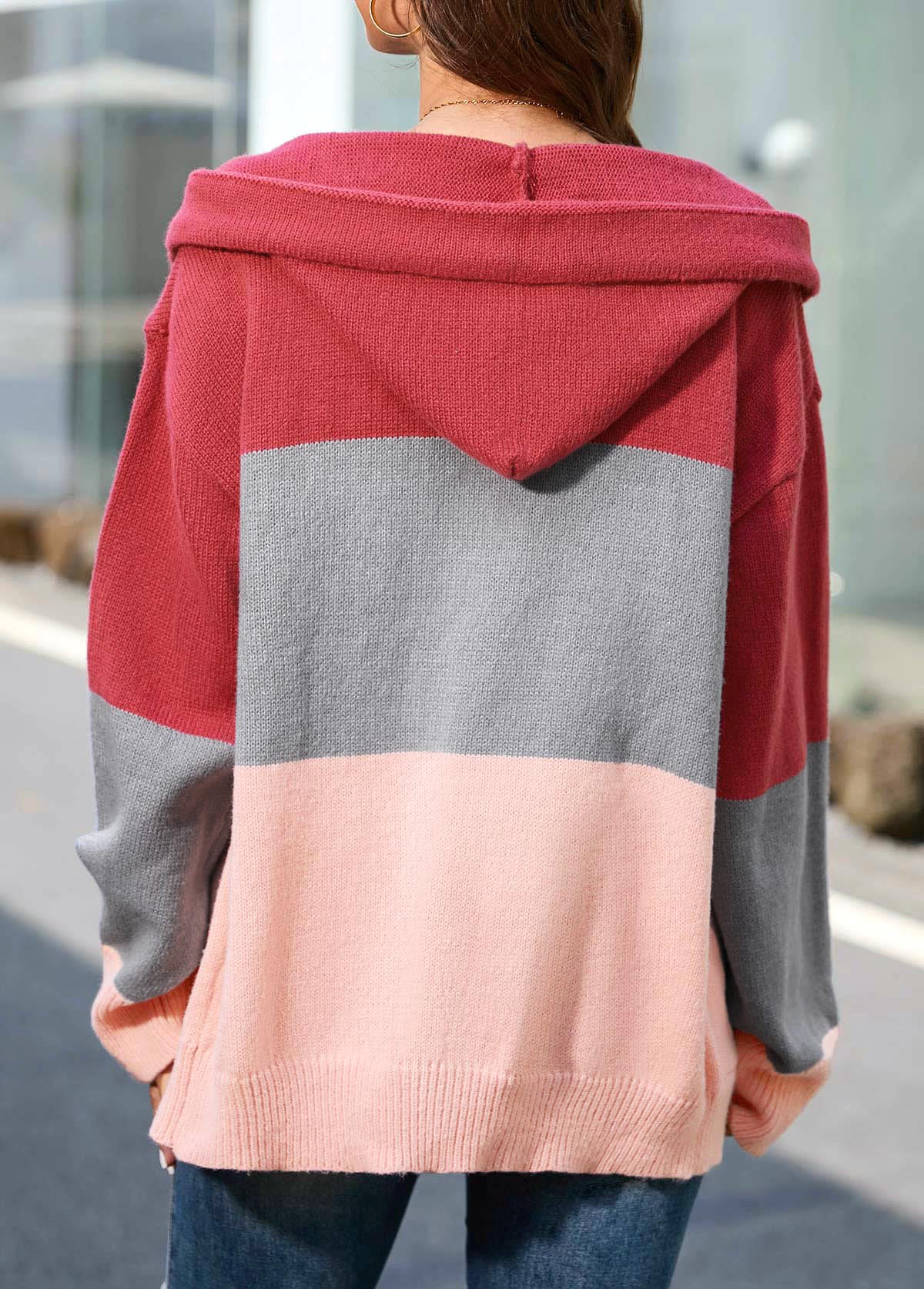 Pink plus size,Plain Color plus size,ROTITA Plus Size Button Up Pink Drawstring Hooded Collar Cardigan