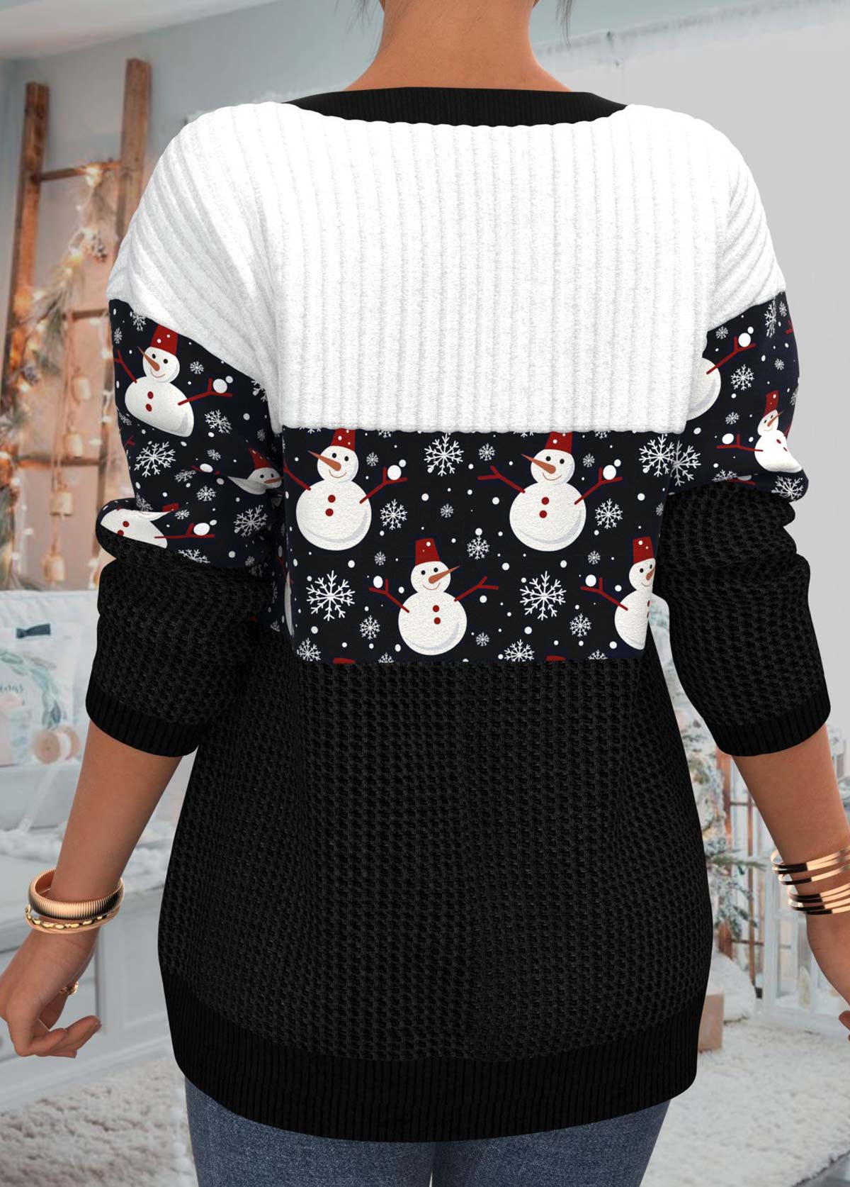 Black plus size,Christmas plus size,ROTITA Plus Size Patchwork Snowman Print Black Christmas Round Neck Sweatshirt