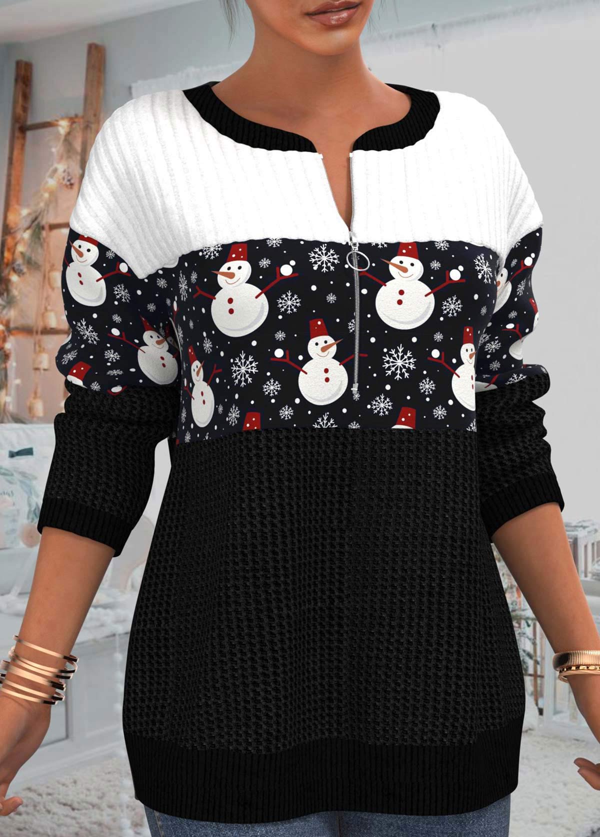 Black plus size,Christmas plus size,ROTITA Plus Size Patchwork Snowman Print Black Christmas Round Neck Sweatshirt