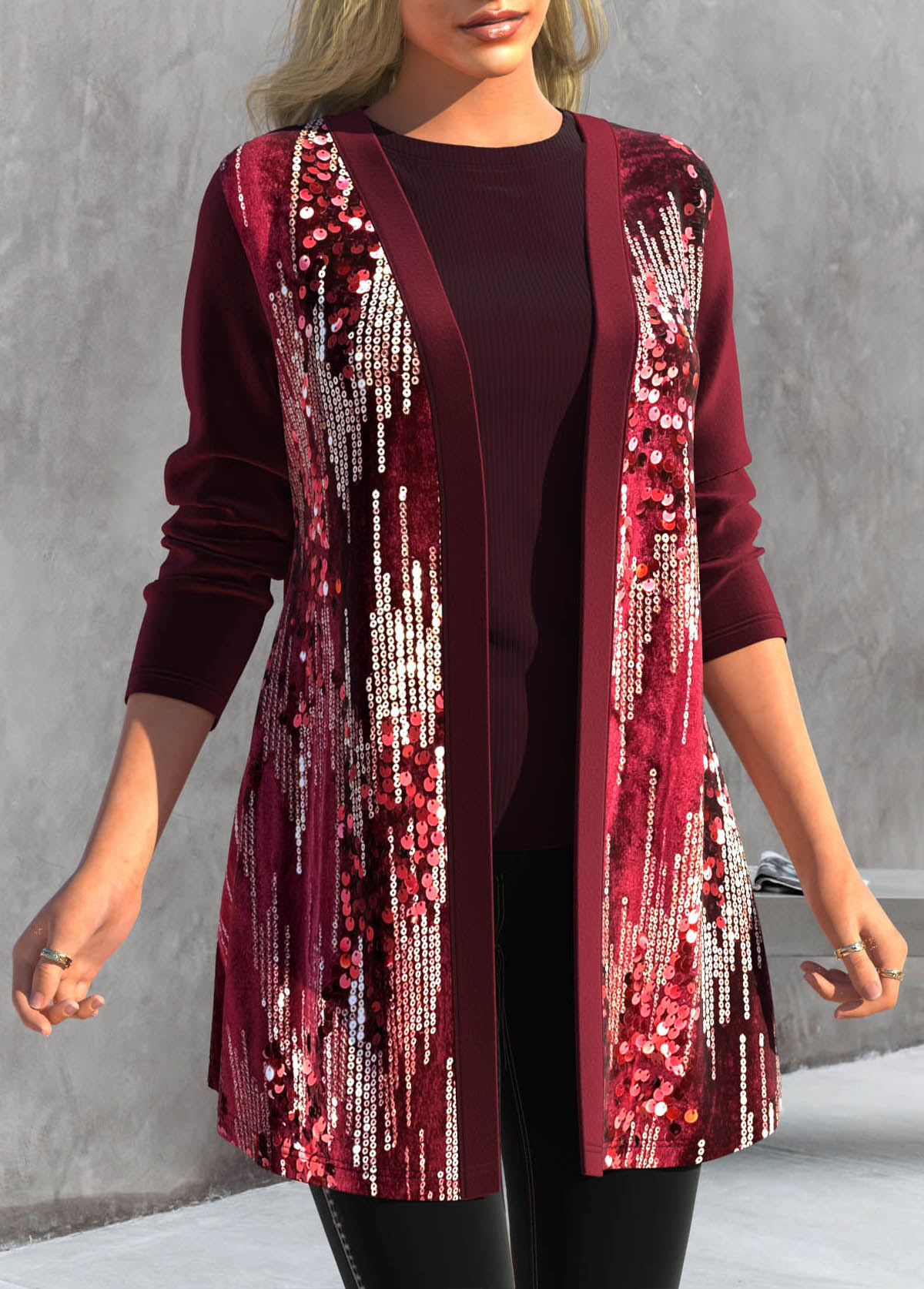 Wine Red plus size,Plain Color plus size,ROTITA Plus Size Sequin Wine Red Long Sleeve Coat