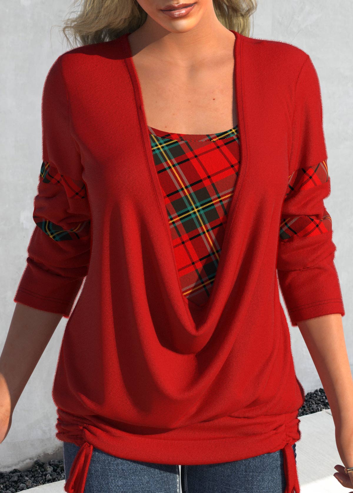 ROTITA Plus Size Drawstring Plaid Red Square Neck Long Sleeve Sweatshirt