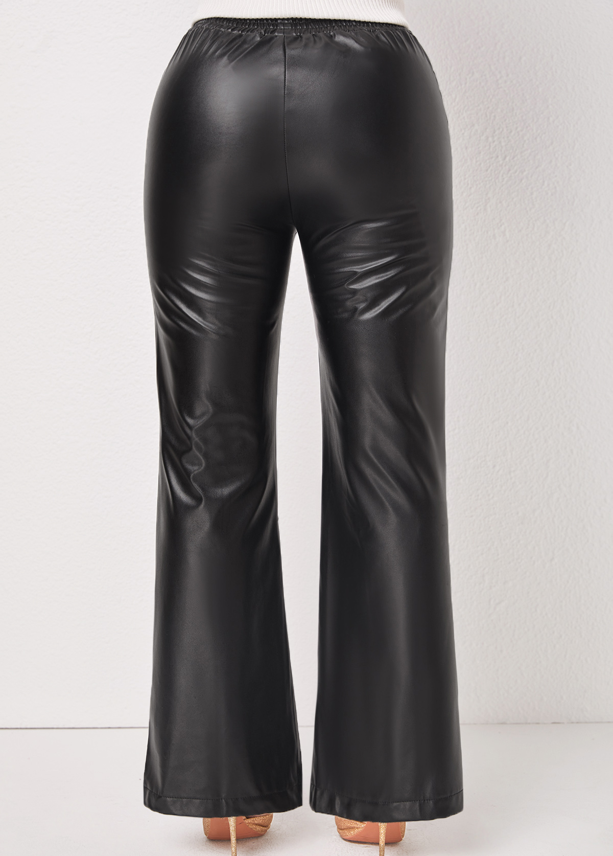 Black bottoms,Plain Color bottoms,Faux Leather Black Flare Leg Elastic Waist Pants