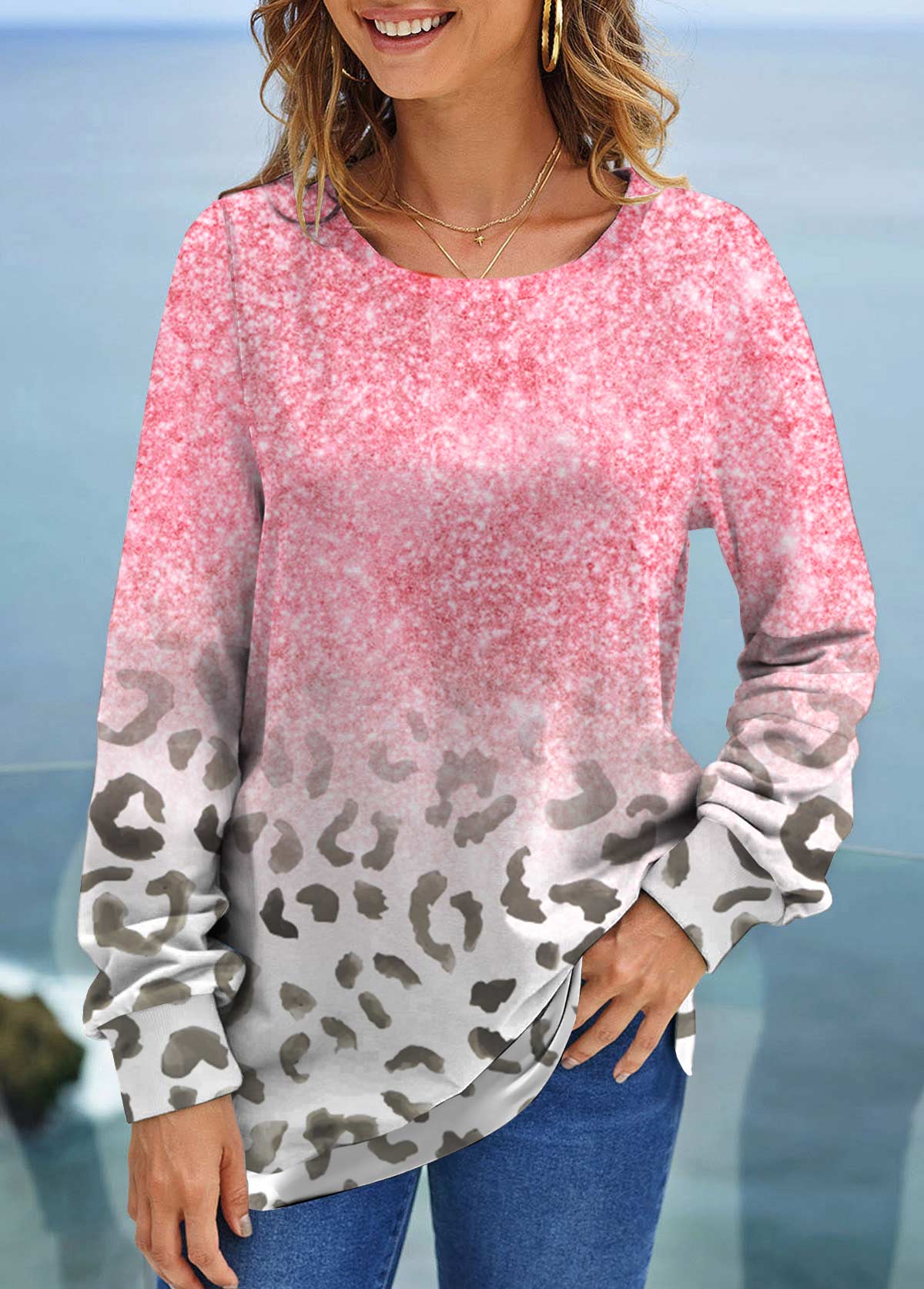 Leopard Light Pink Round Neck Long Sleeve Sweatshirt