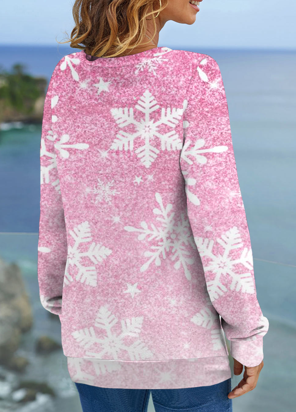 White tops,Christmas tops,Snowflake Print White Round Neck Long Sleeve Sweatshirt