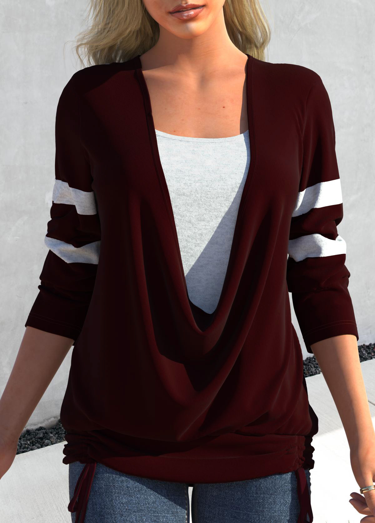 Deep Red plus size,Contrast Color plus size,ROTITA Plus Size Tie Side Deep Red Faux Two Piece T Shirt