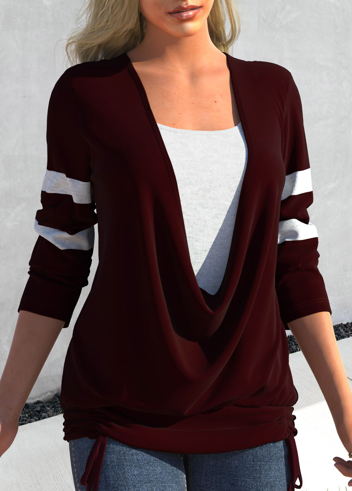 Deep Red plus size,Contrast Color plus size,ROTITA Plus Size Tie Side Deep Red Faux Two Piece T Shirt