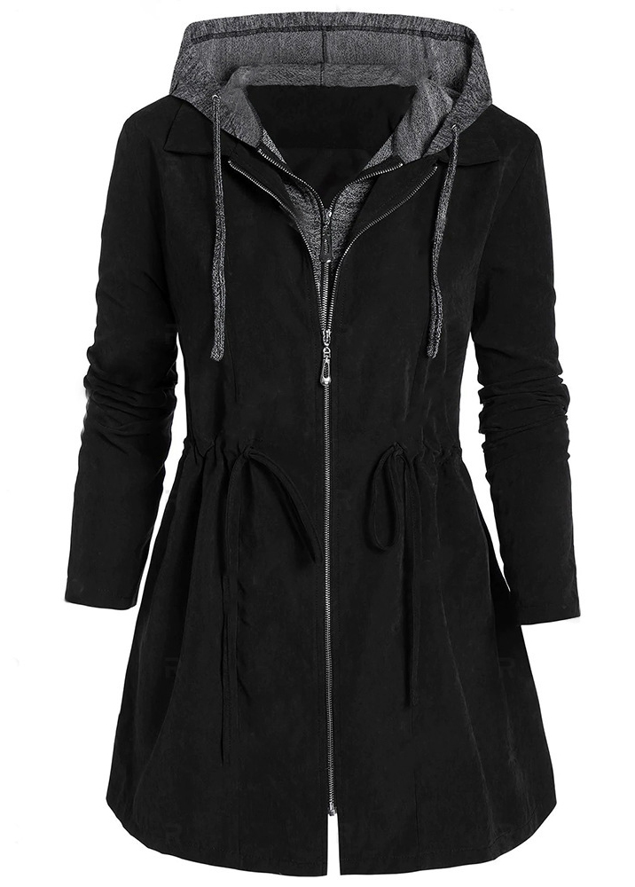 Plus Size Drawstring Black Hooded Long Sleeve Coat
