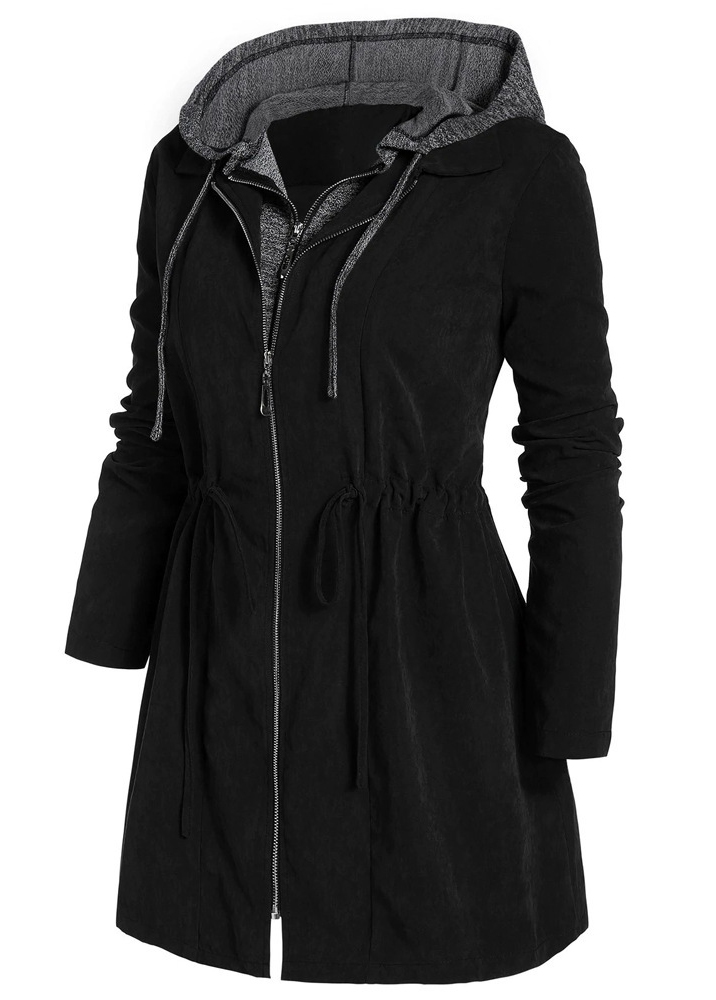 Black plus size,Contrast Color plus size,Plus Size Drawstring Black Hooded Long Sleeve Coat