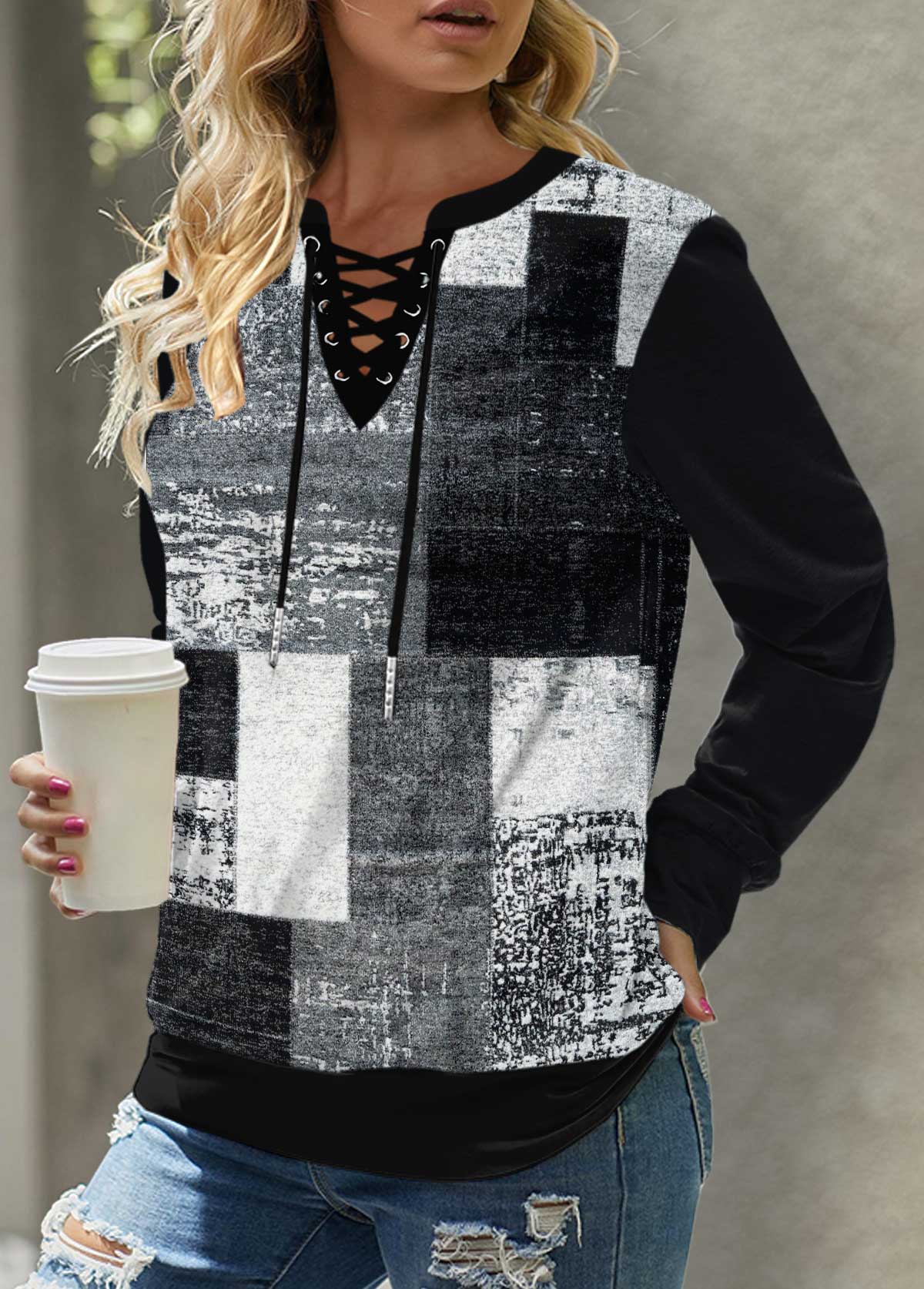 Black tops,Plaid tops,ROTITA Eyelet Plaid Black Lace Up Collar Sweatshirt