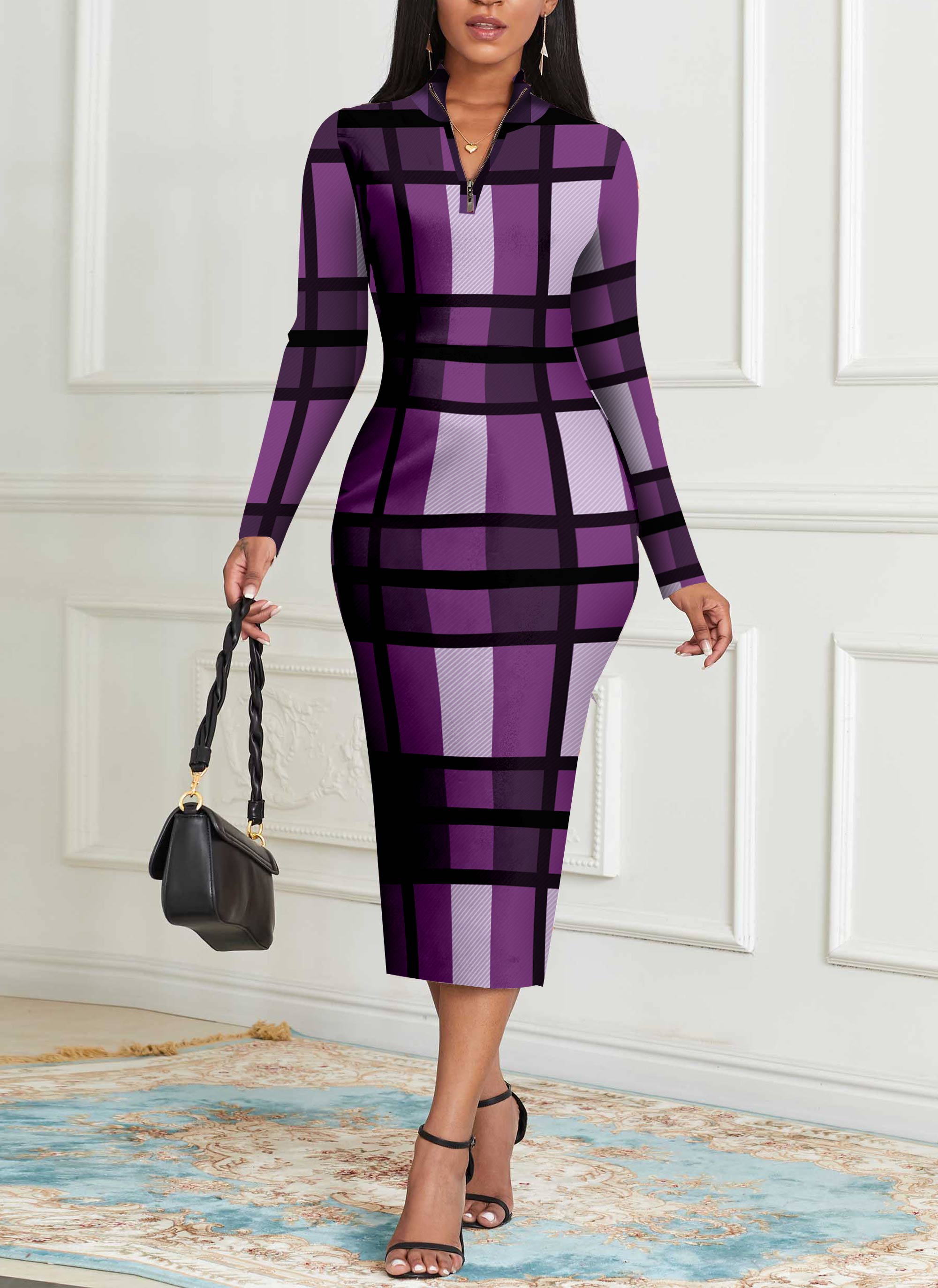 ROTITA Long Sleeve Purple Zipper Plaid Bodycon Dress