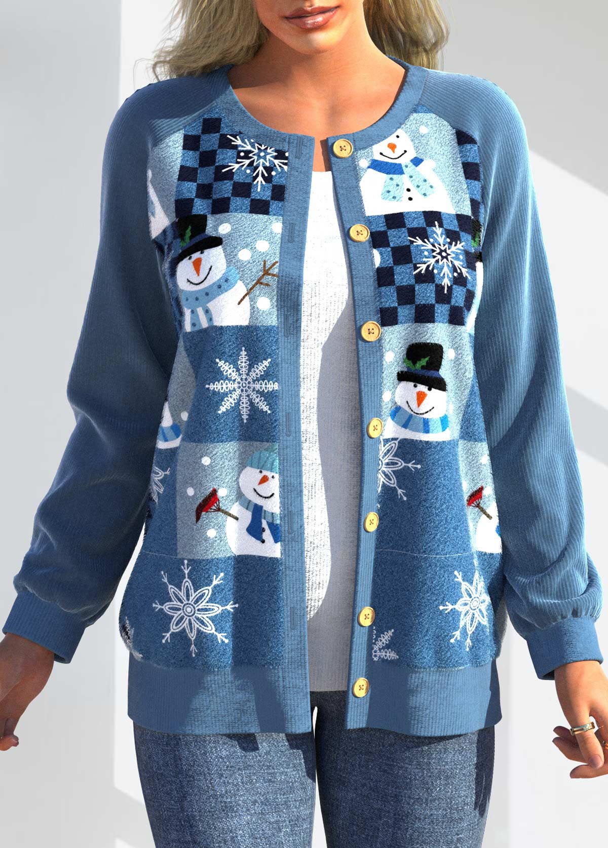 Blue tops,Christmas tops,ROTITA Patchwork Christmas Print Blue Round Neck Cardigan