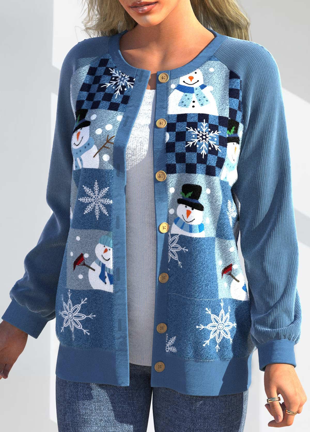 Blue tops,Christmas tops,ROTITA Patchwork Christmas Print Blue Round Neck Cardigan