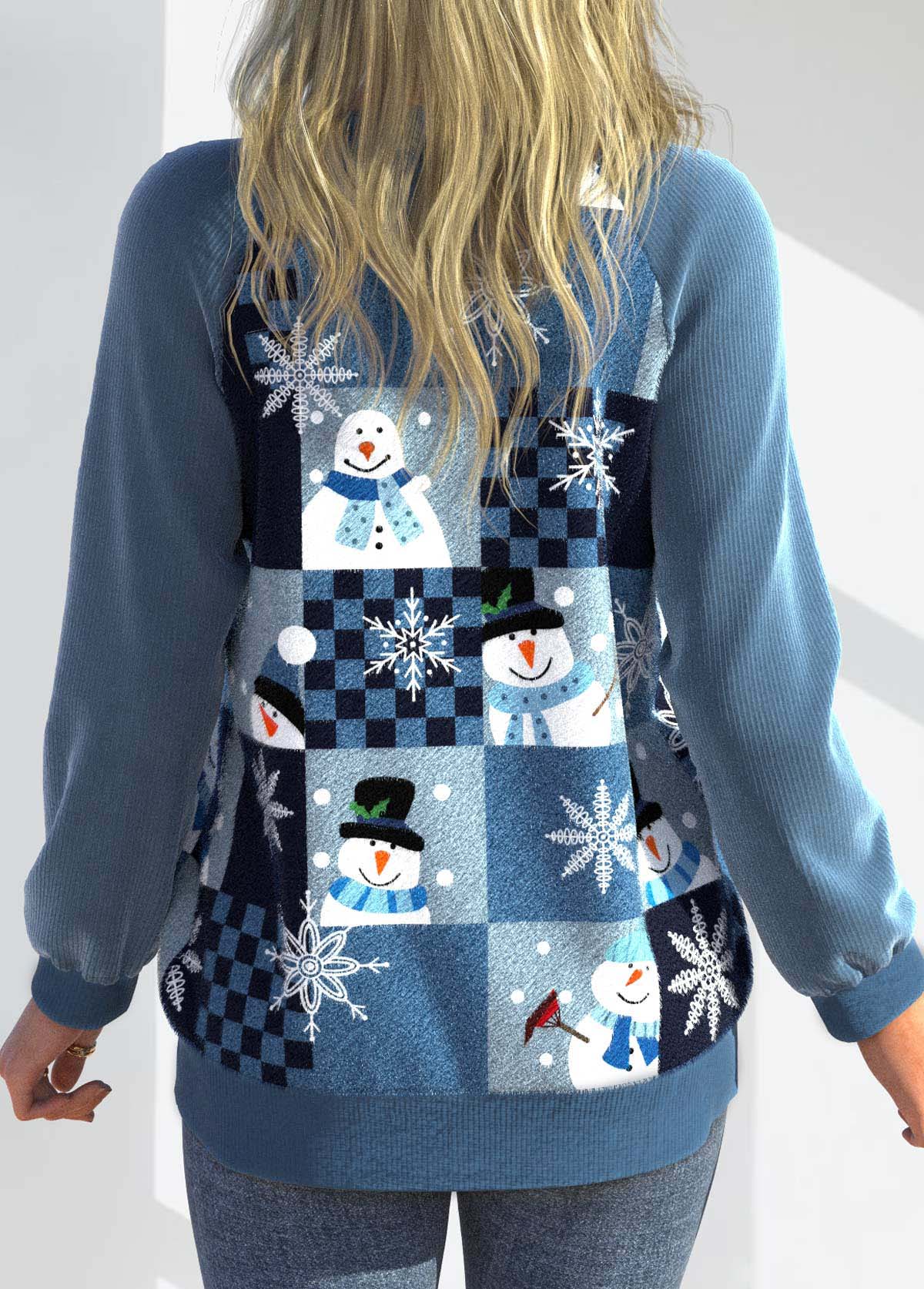 Blue tops,Christmas tops,ROTITA Patchwork Christmas Print Blue Round Neck Cardigan