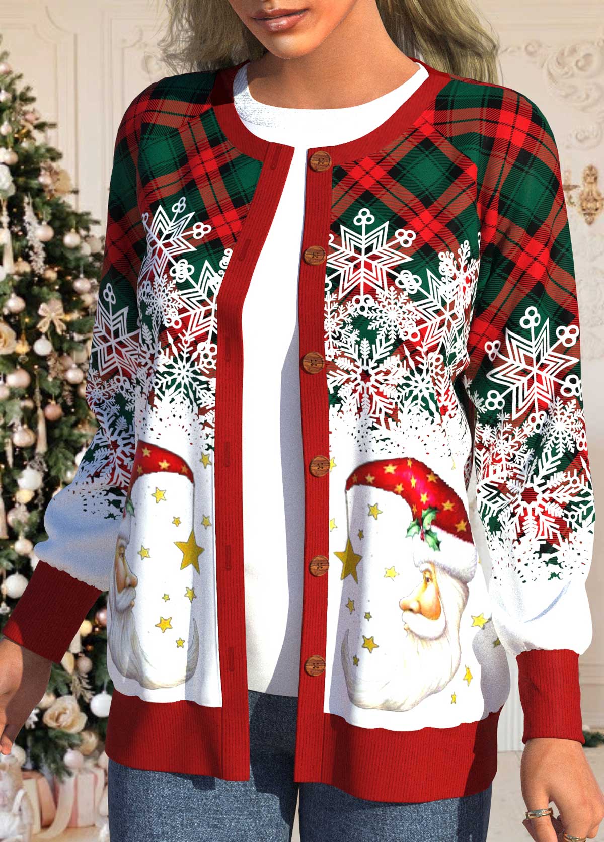 Multi Color tops,Christmas tops,ROTITA Santa Claus Print Multi Color Round Neck Cardigan