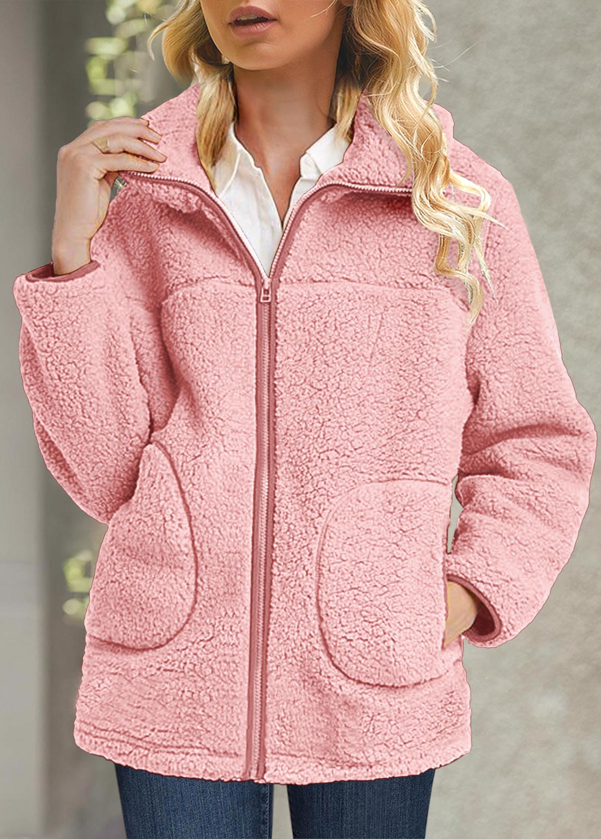 Pink plus size,Plain Color plus size,ROTITA Plus Size Plush Pink Turn Down Collar Long Sleeve Coat