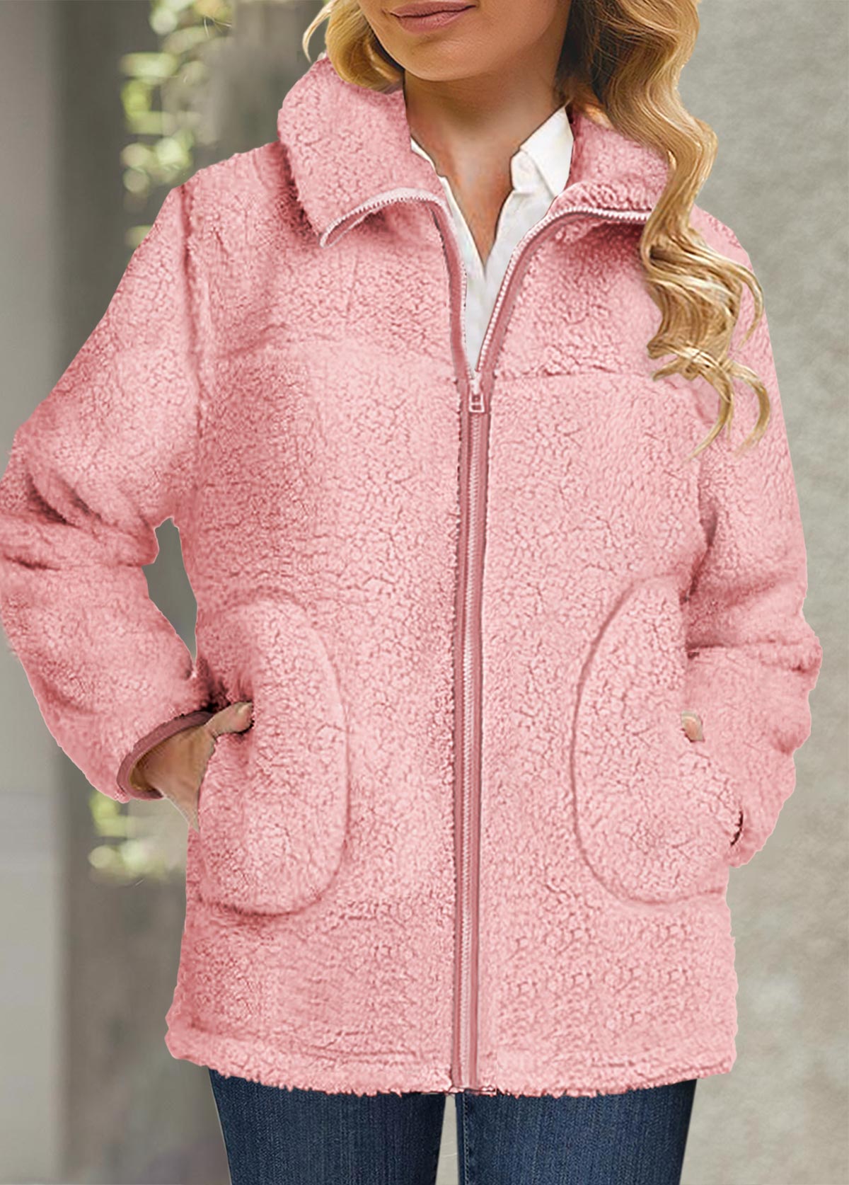 Pink plus size,Plain Color plus size,ROTITA Plus Size Plush Pink Turn Down Collar Long Sleeve Coat