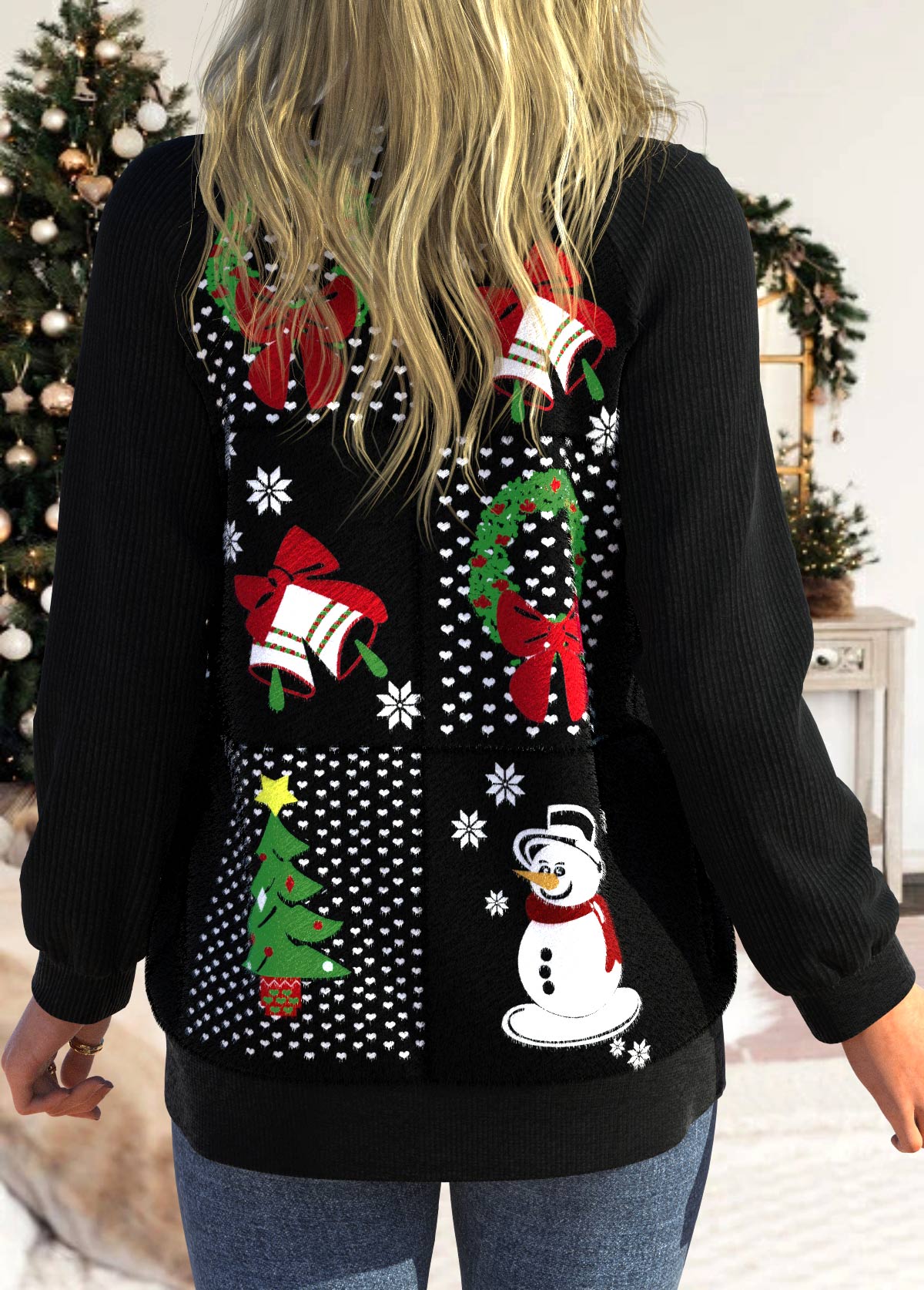 Black plus size,Christmas plus size,ROTITA Plus Size Patchwork Christmas Print Black Long Sleeve Coat