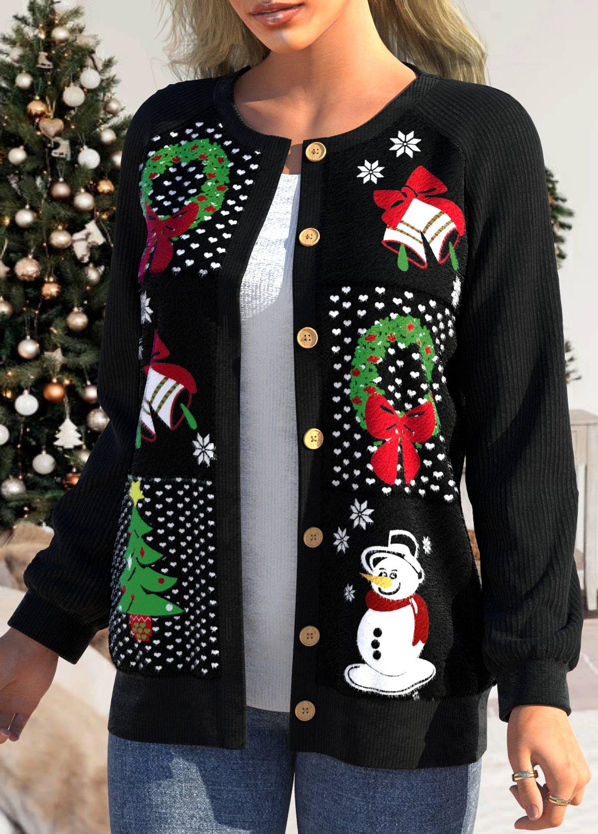 Black plus size,Christmas plus size,ROTITA Plus Size Patchwork Christmas Print Black Long Sleeve Coat
