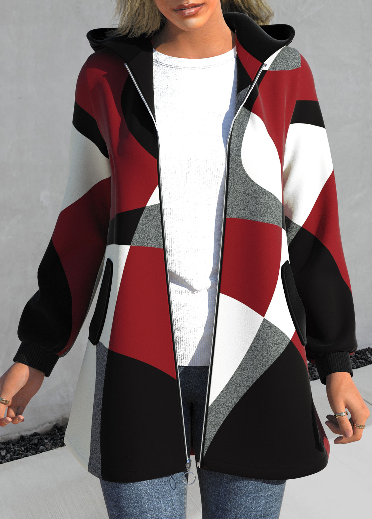 ROTITA Zipper Geometric Print Red Hooded Long Sleeve Jacket