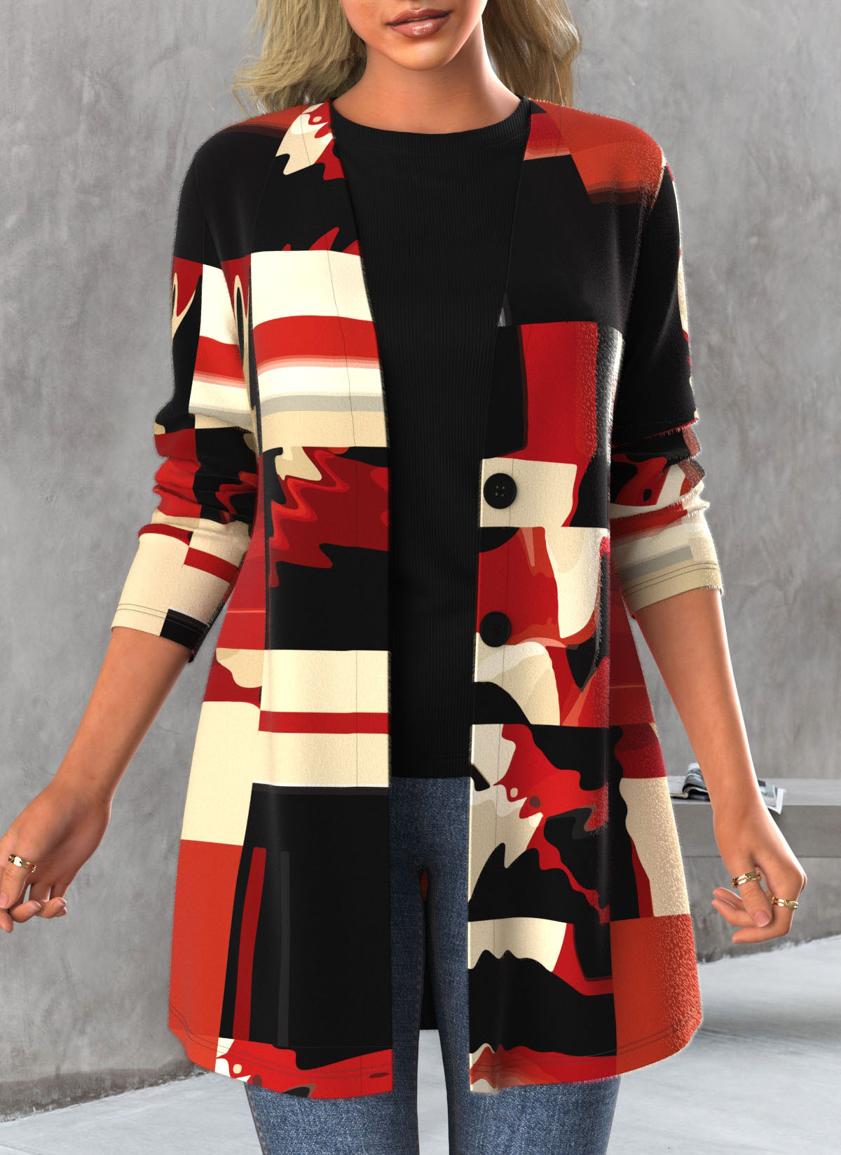 Red tops,Geometric tops,ROTITA Button Geometric Print Red Long Sleeve Cardigan