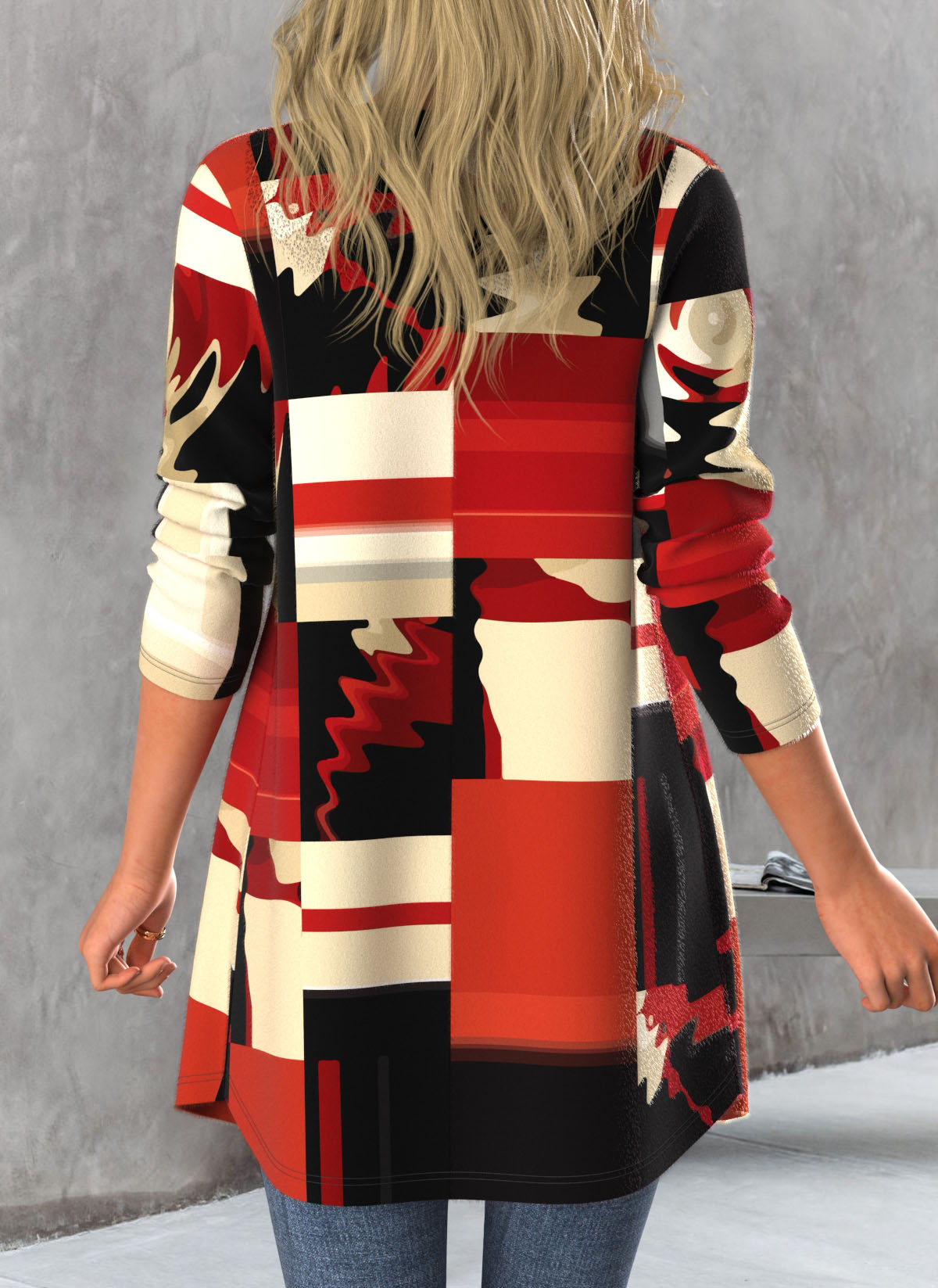 Red tops,Geometric tops,ROTITA Button Geometric Print Red Long Sleeve Cardigan