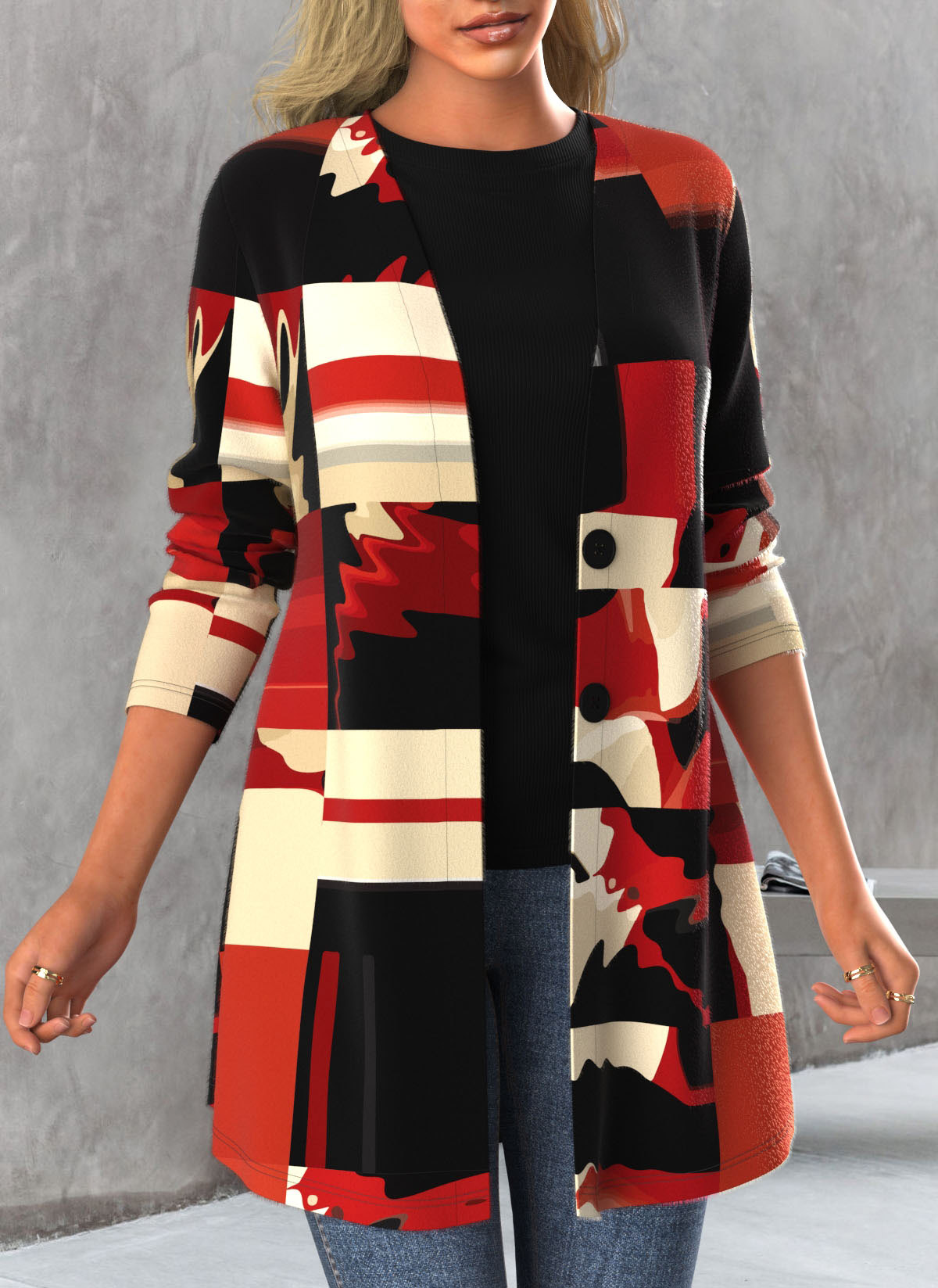 Red tops,Geometric tops,ROTITA Button Geometric Print Red Long Sleeve Cardigan