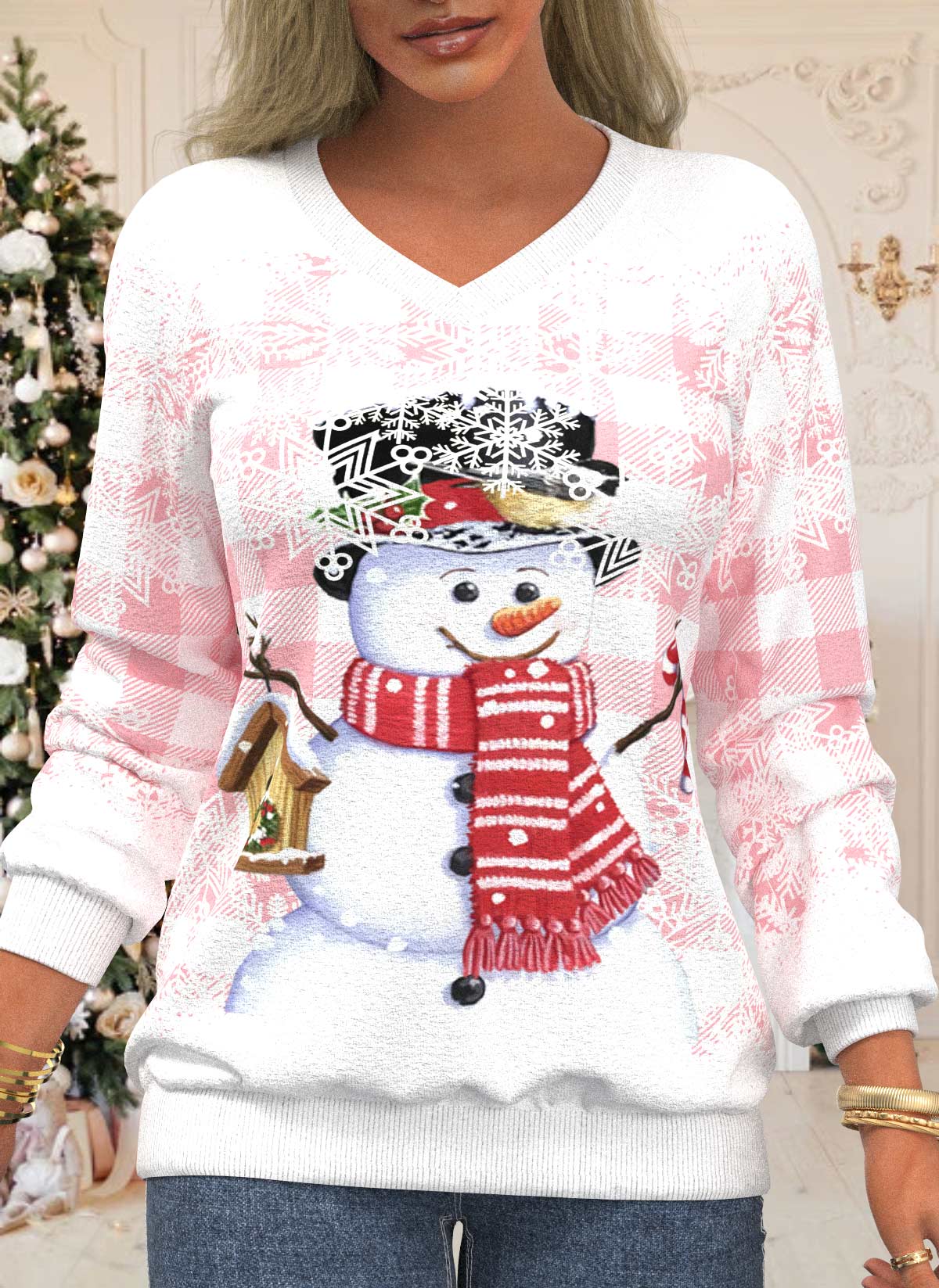 Pink tops,Christmas tops,ROTITA Christmas Print Pink V Neck Long Sleeve Sweatshirt