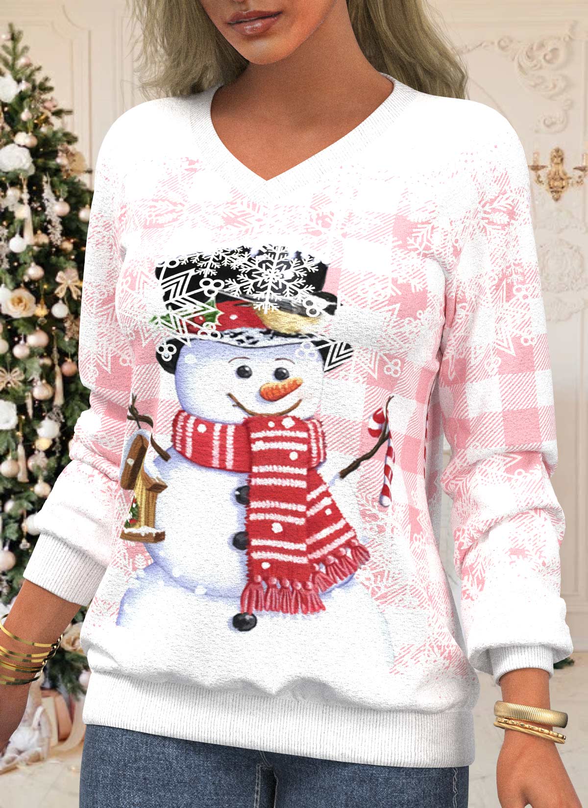 Pink tops,Christmas tops,ROTITA Christmas Print Pink V Neck Long Sleeve Sweatshirt