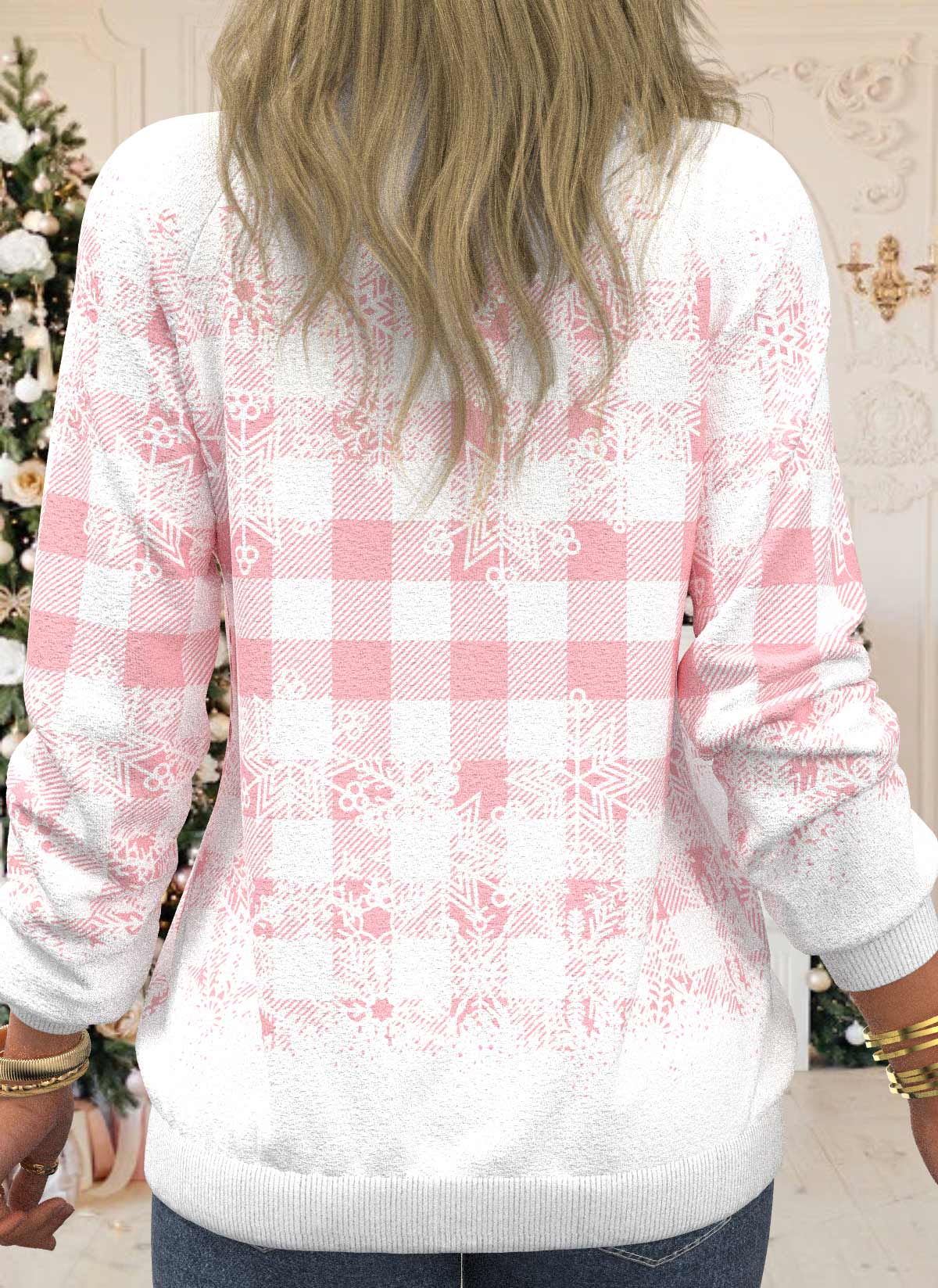 Pink tops,Christmas tops,ROTITA Christmas Print Pink V Neck Long Sleeve Sweatshirt