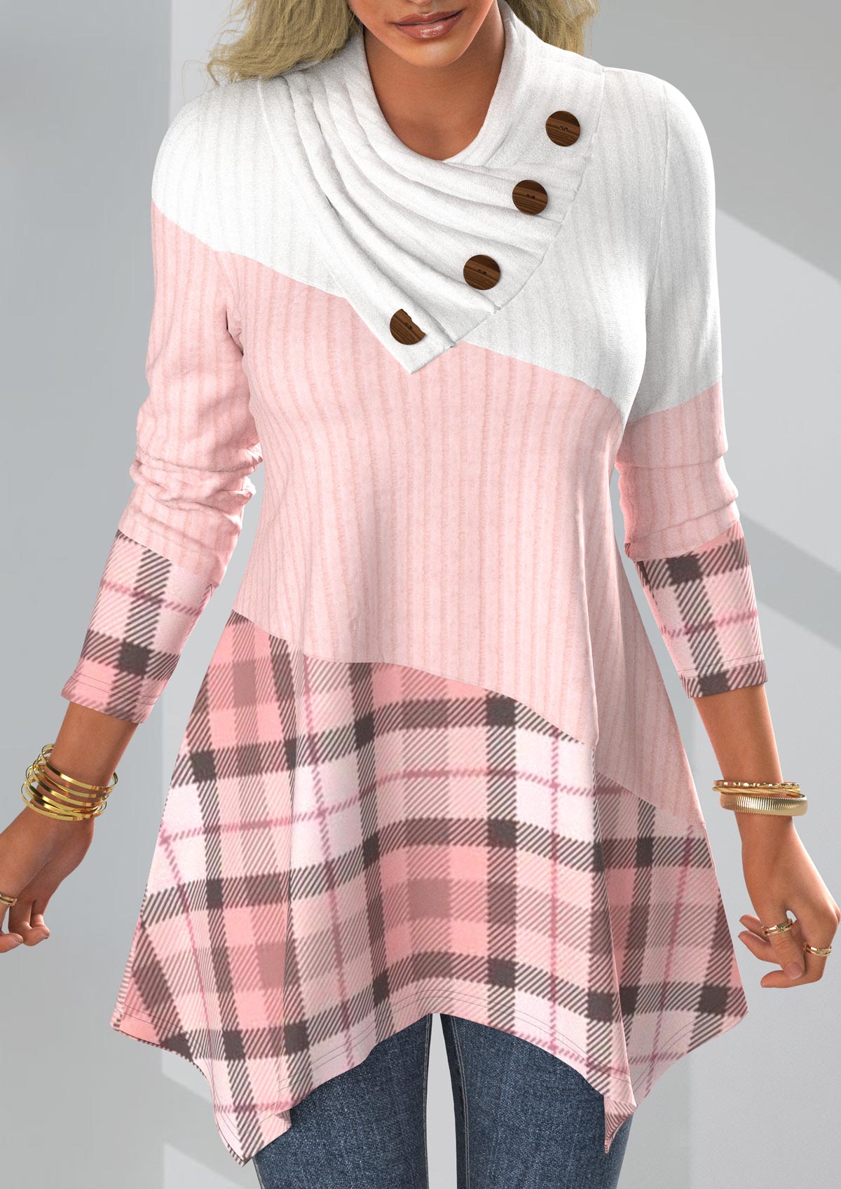 ROTITA Plus Size Plaid Pink Asymmetrical Neck Long Sleeve Sweatshirt