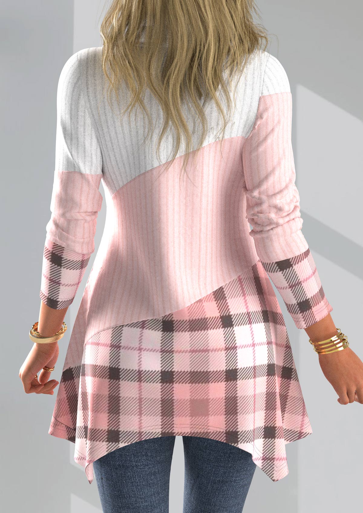 Pink plus size,Plaid plus size,ROTITA Plus Size Plaid Pink Asymmetrical Neck Long Sleeve Sweatshirt