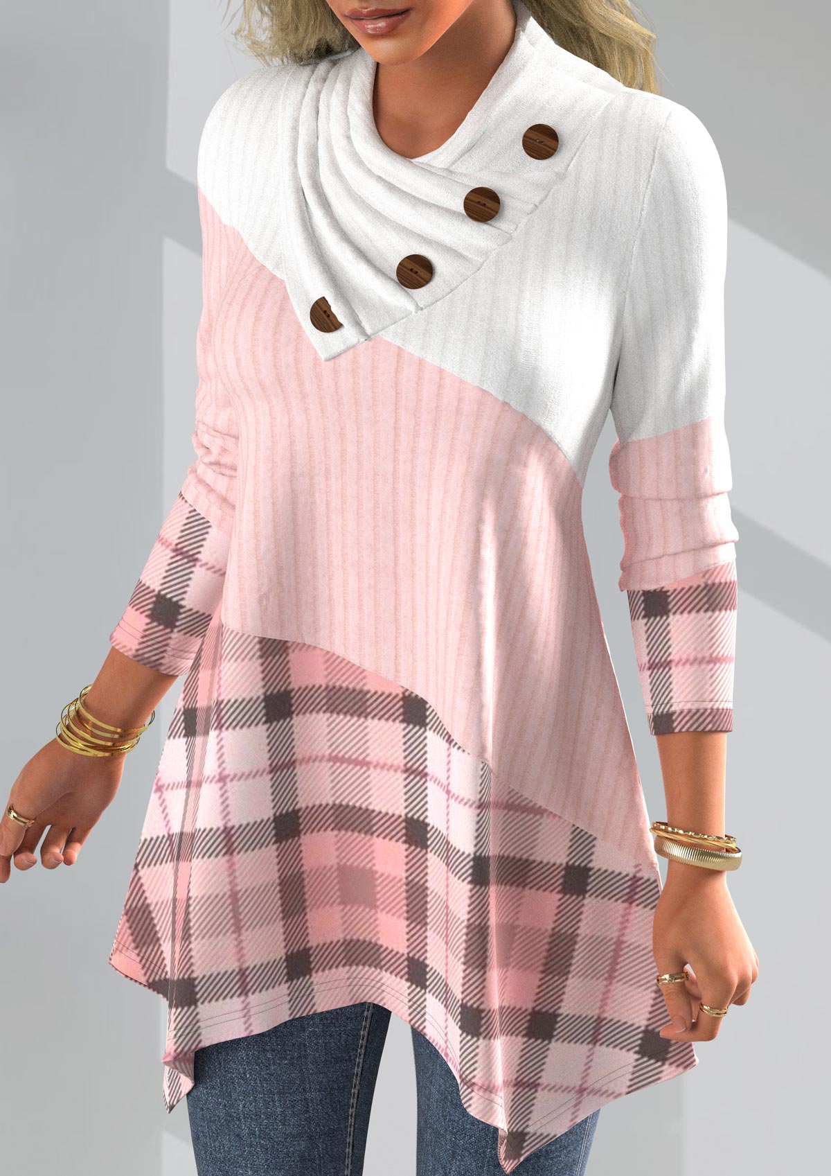 Pink plus size,Plaid plus size,ROTITA Plus Size Plaid Pink Asymmetrical Neck Long Sleeve Sweatshirt