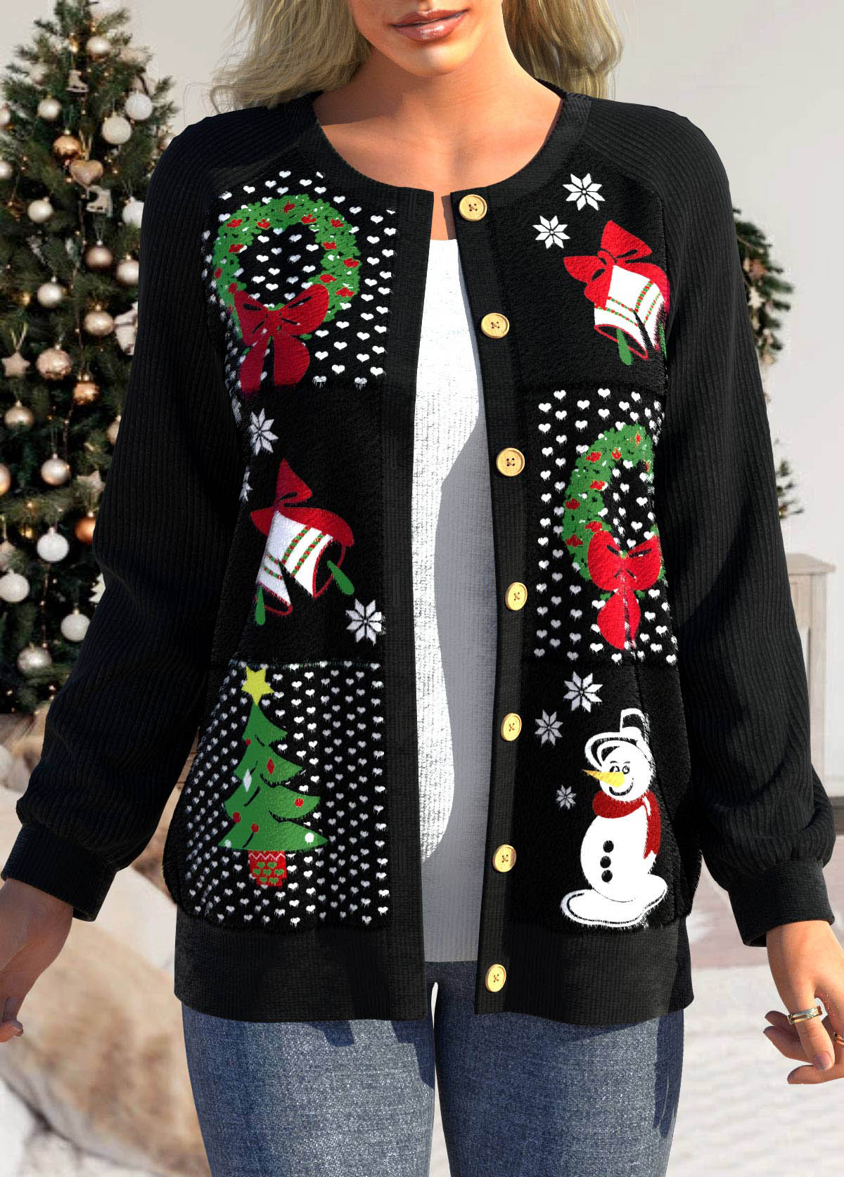 Black plus size,Christmas plus size,ROTITA Plus Size Patchwork Christmas Print Black Long Sleeve Coat
