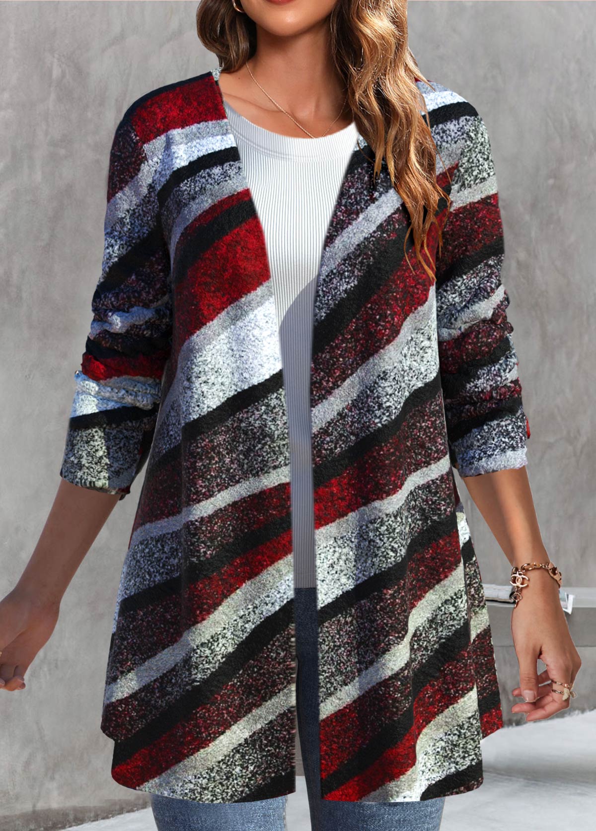 Multi Color outerwear & coats,Geometric outerwear & coats,ROTITA Geometric Print Multi Color Long Sleeve Coat