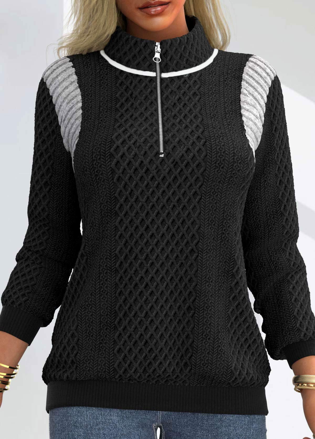 ROTITA Patchwork Black Stand Collar Long Sleeve Sweatshirt