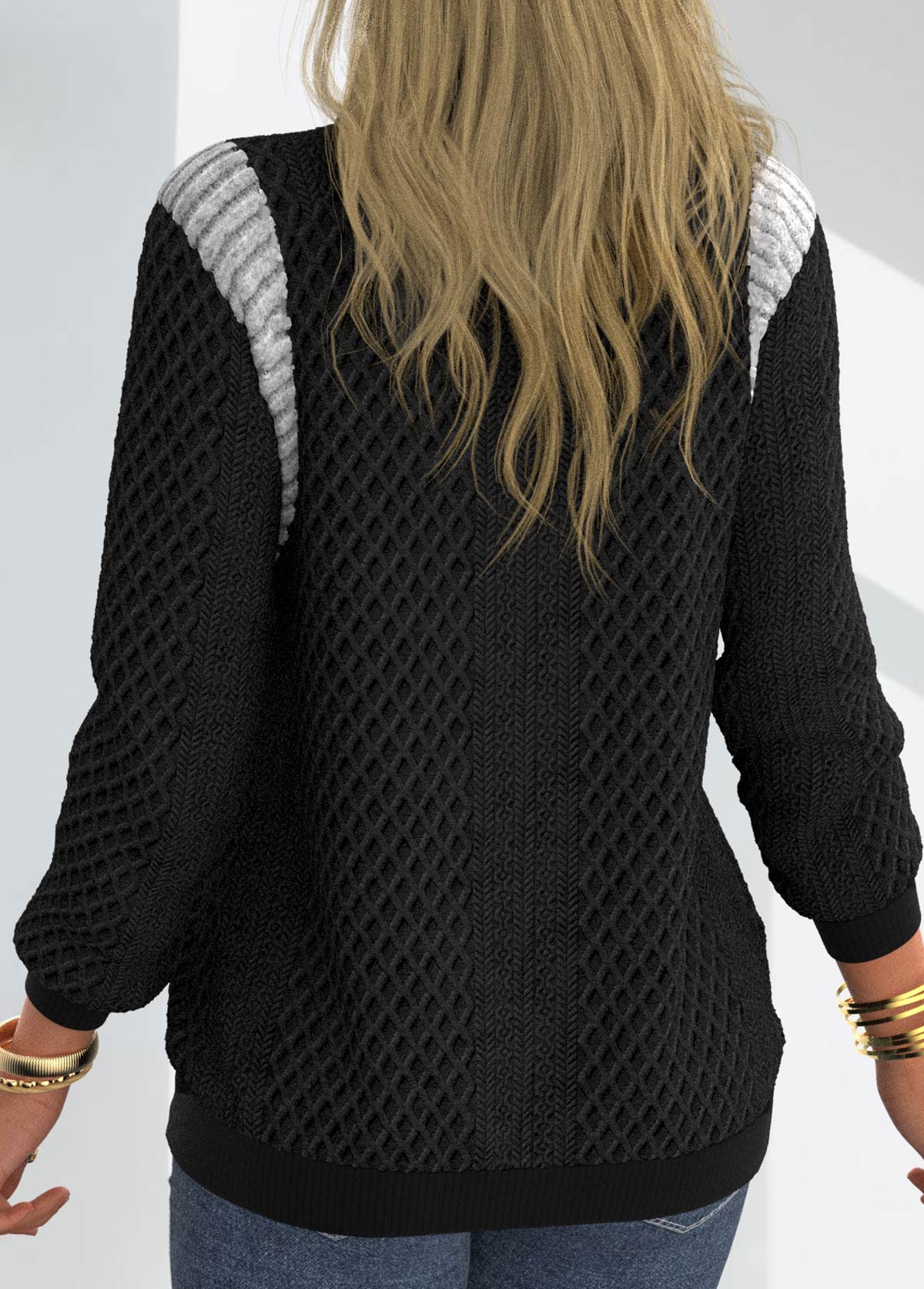 Black tops,Contrast Color tops,ROTITA Patchwork Black Stand Collar Long Sleeve Sweatshirt