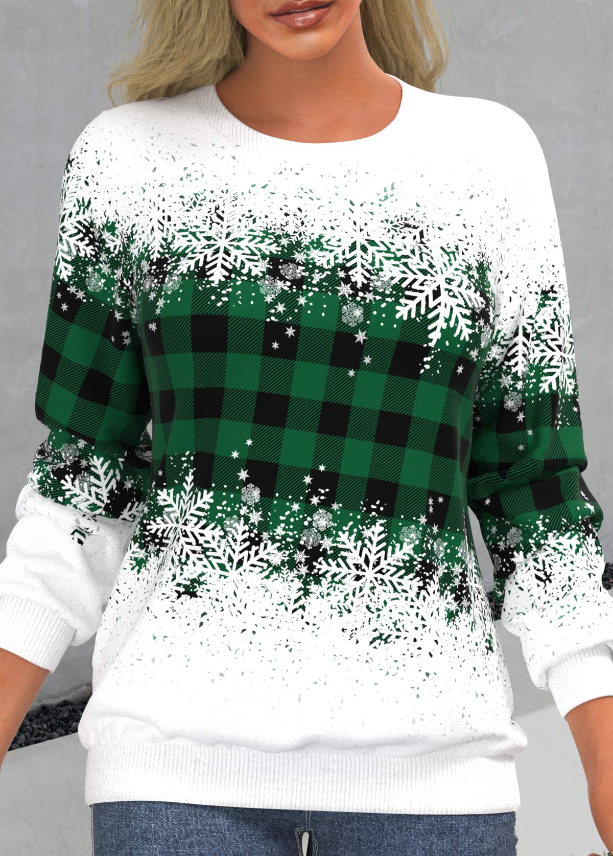 ROTITA Snowflake Print Green Round Neck Long Sleeve Sweatshirt