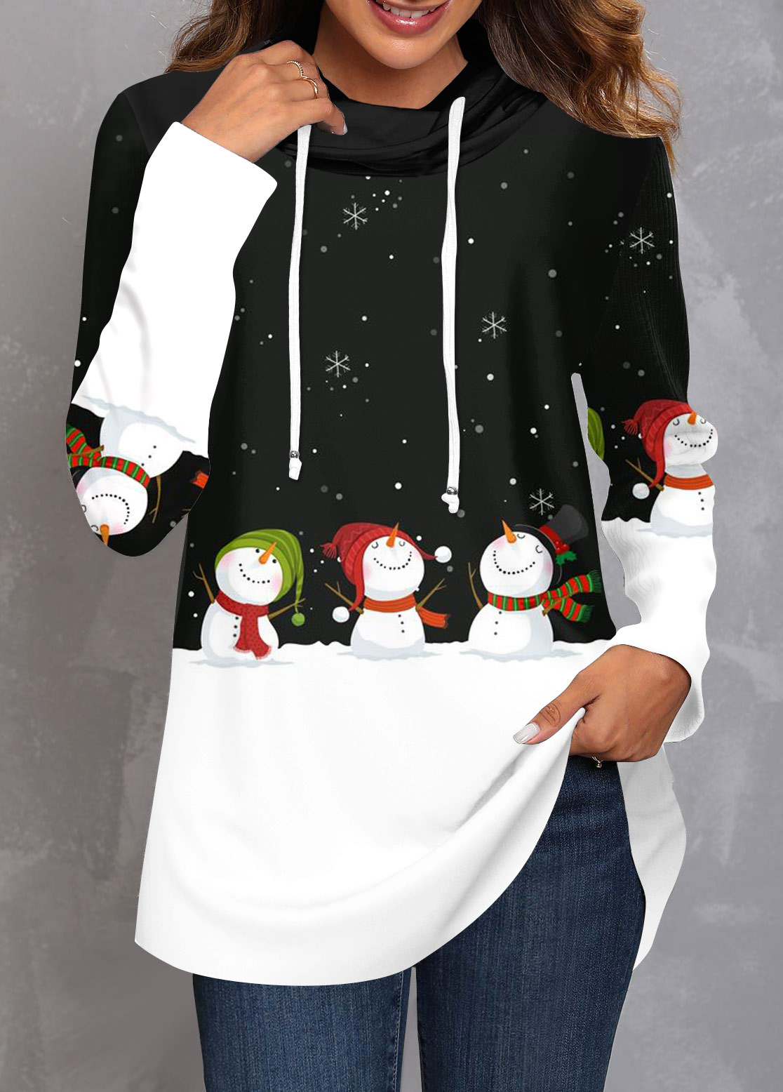 ROTITA Christmas Snowman Print Cowl Neck Black Sweatshirt