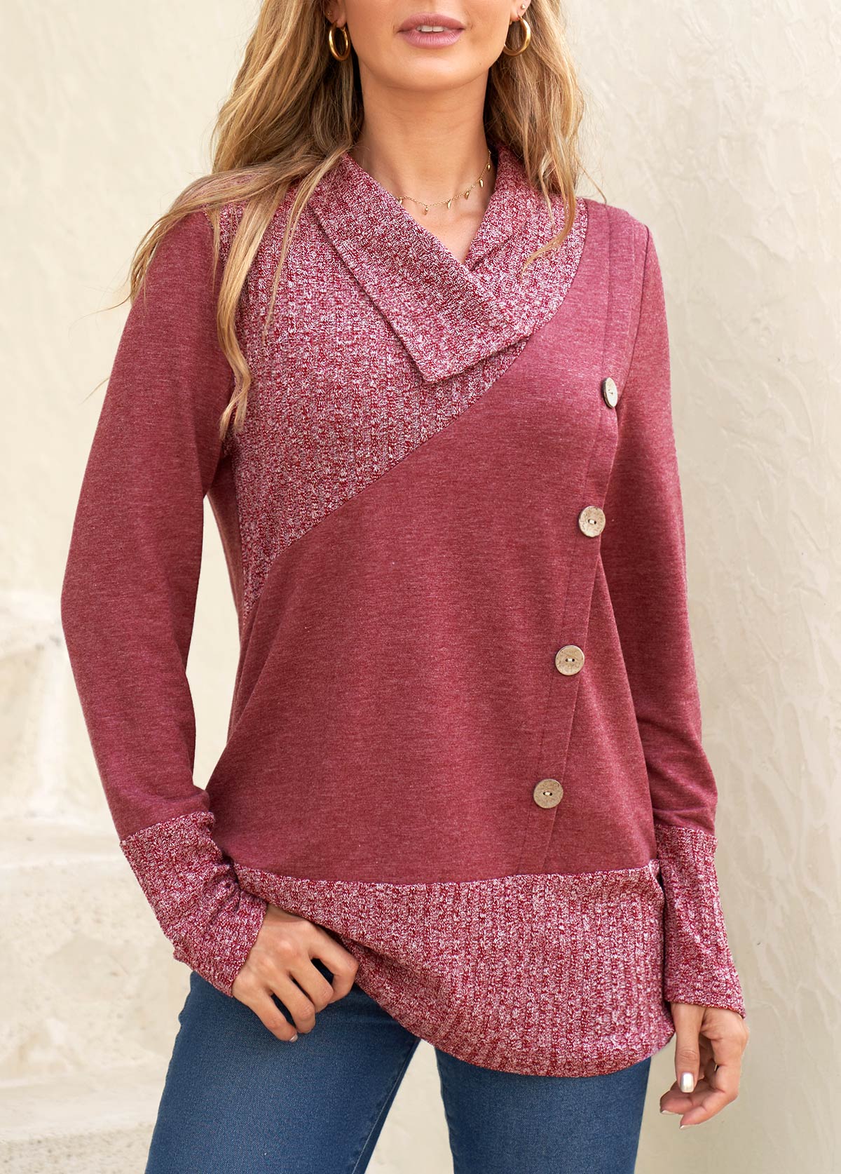 Dark Reddish Purple tops,Plain Color tops,ROTITA Button Dark Reddish Purple V Neck Sweatshirt