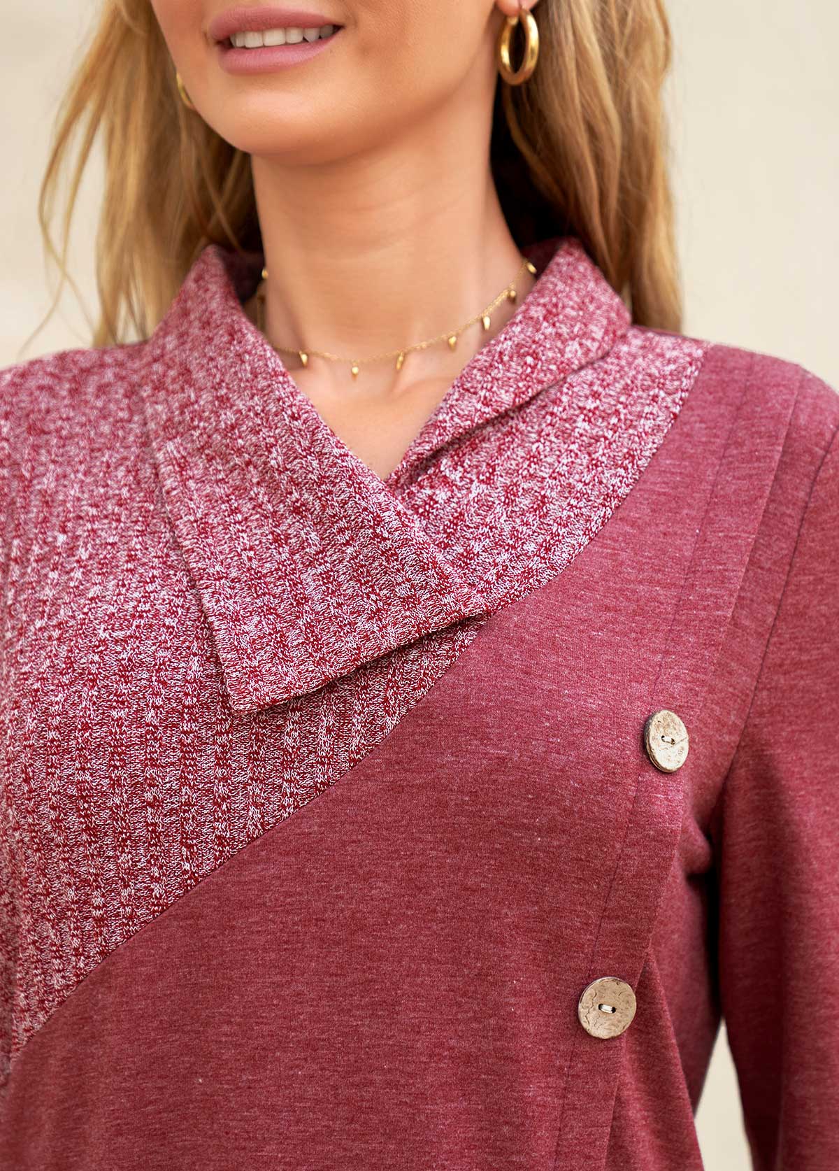 Dark Reddish Purple tops,Plain Color tops,ROTITA Button Dark Reddish Purple V Neck Sweatshirt