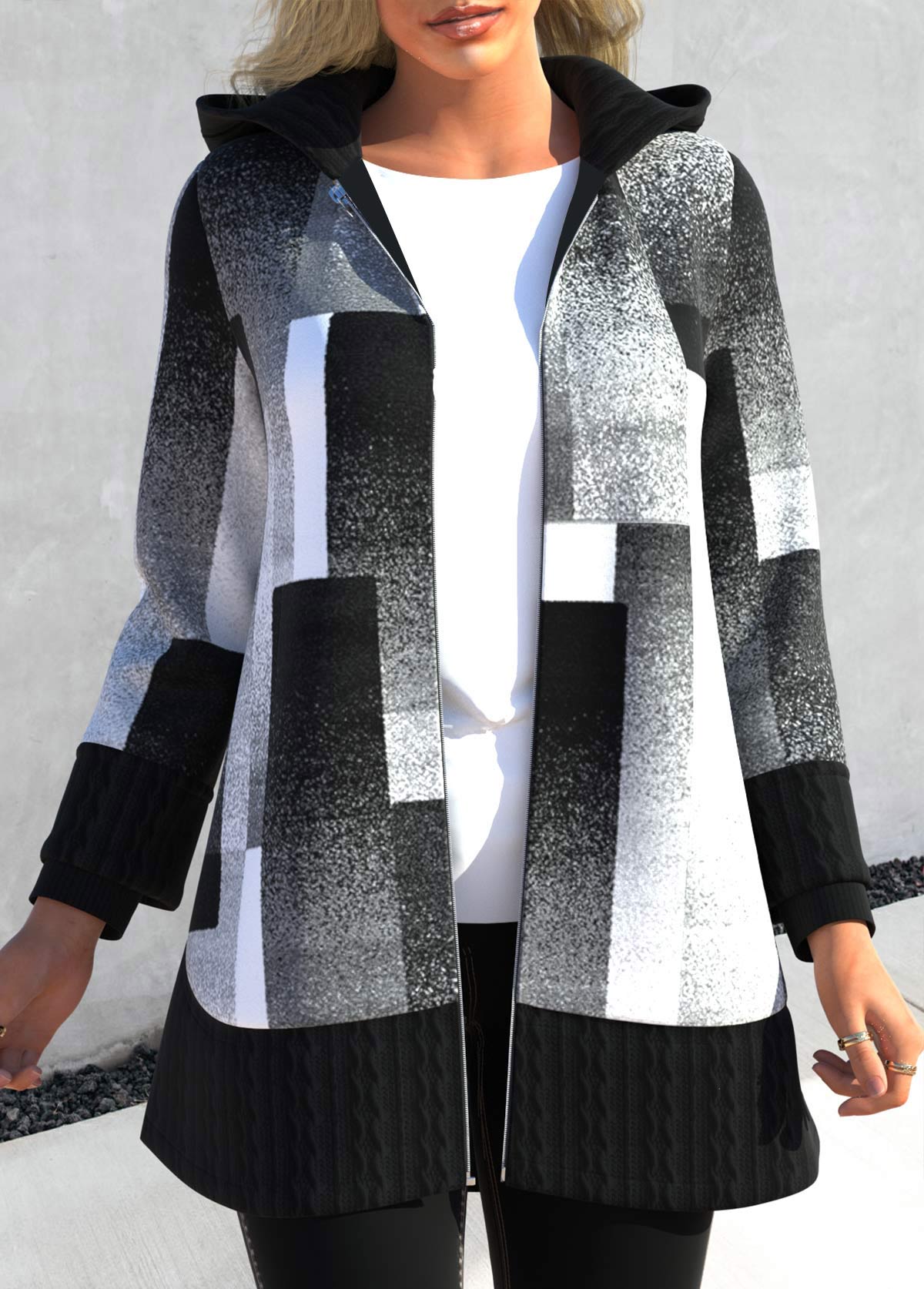 ROTITA Patchwork Geometric Print Black Hooded Long Sleeve Coat