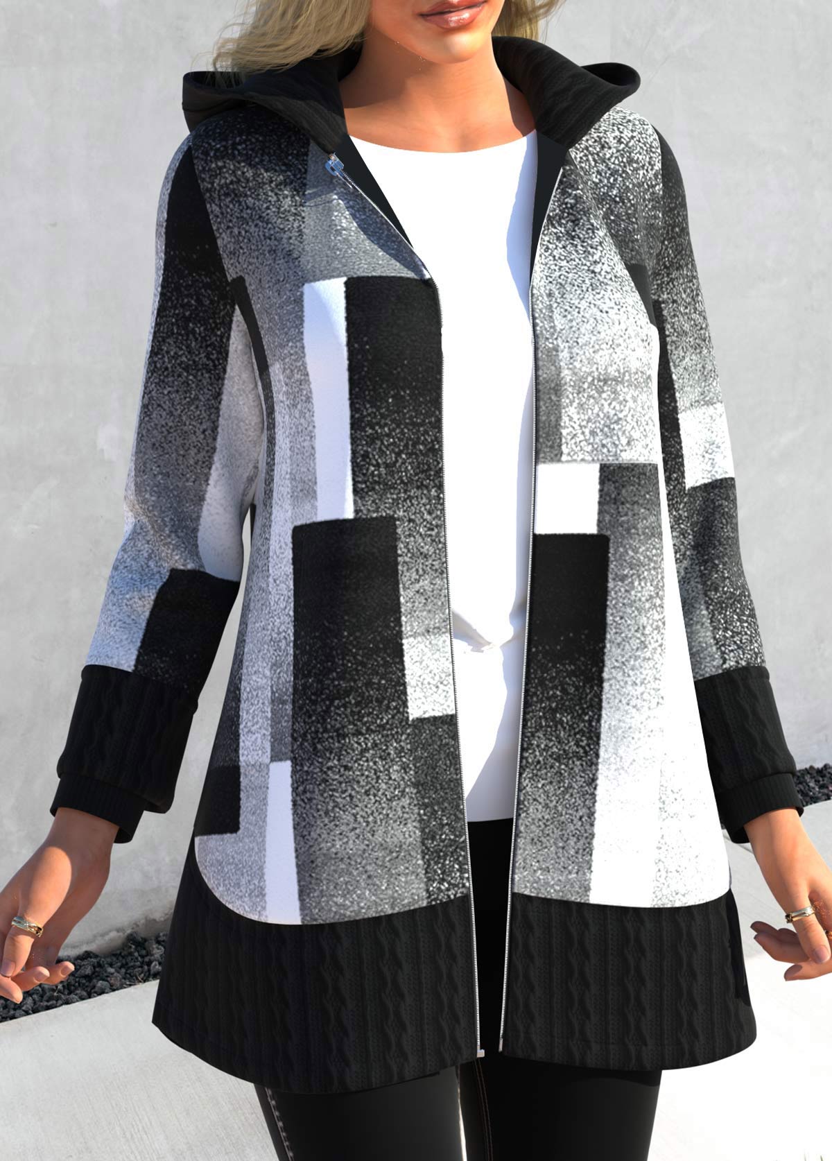 Black outerwear & coats,Geometric outerwear & coats,ROTITA Patchwork Geometric Print Black Hooded Long Sleeve Coat