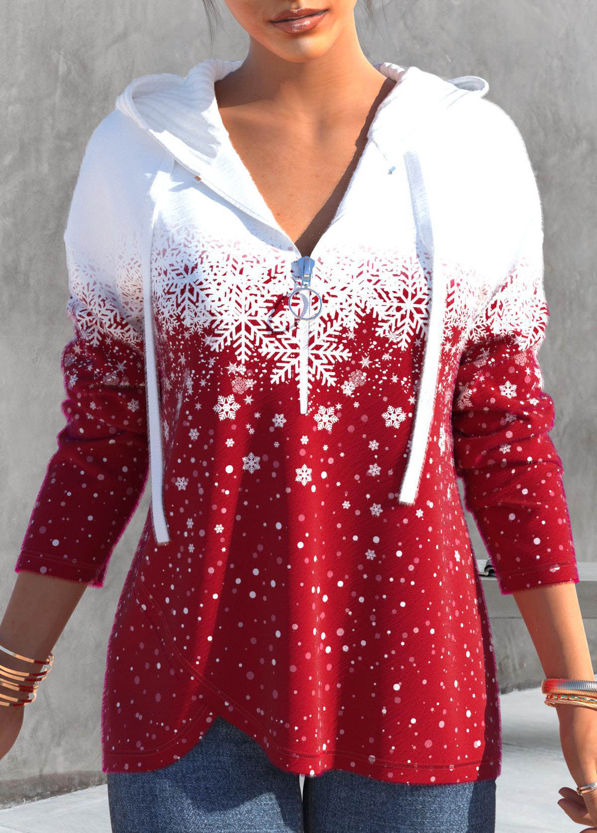 Red plus size,Christmas plus size,ROTITA Plus Size Zipper Christmas Snowflake Print Red Long Sleeve Hoodie
