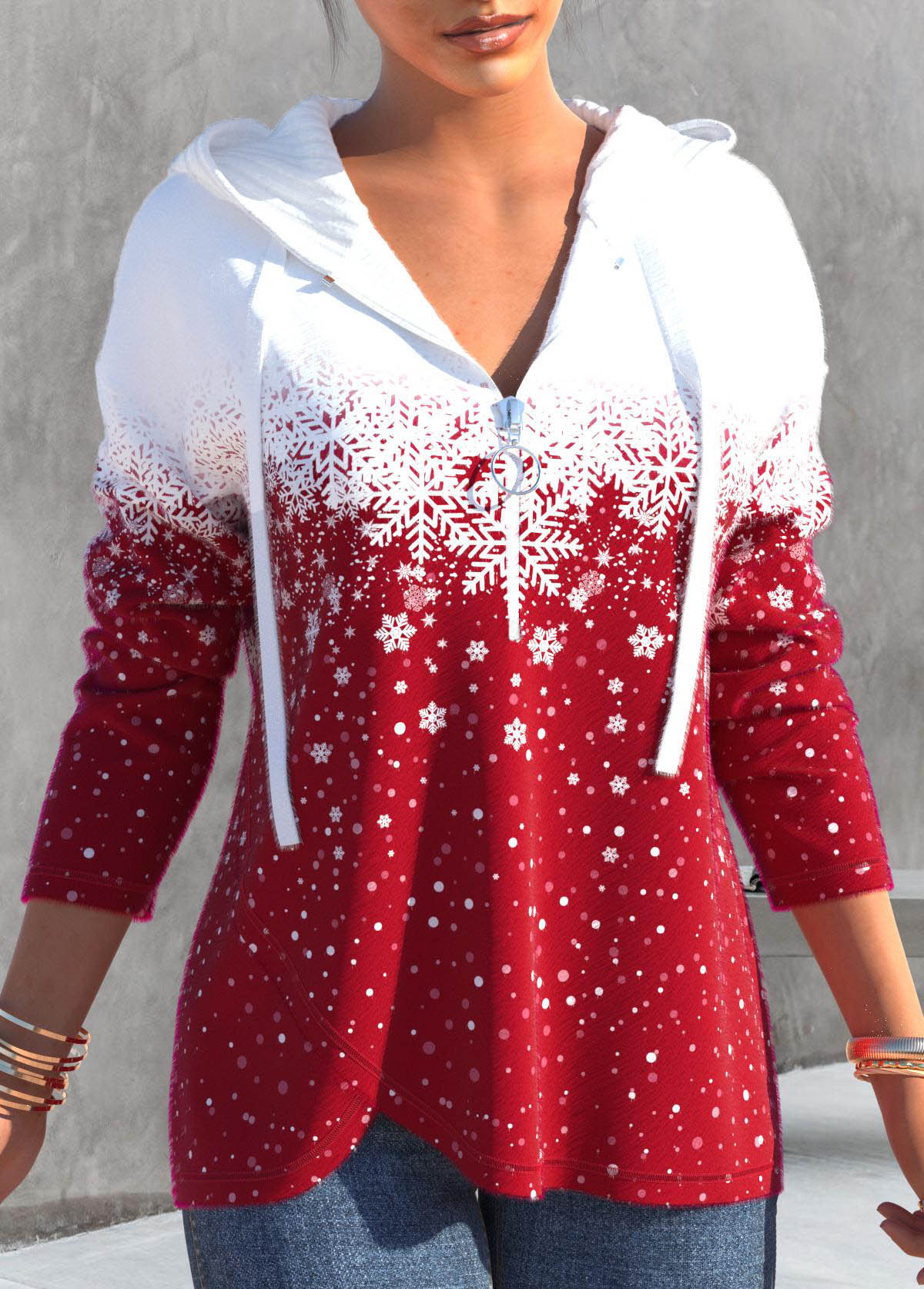 Red plus size,Christmas plus size,ROTITA Plus Size Zipper Christmas Snowflake Print Red Long Sleeve Hoodie