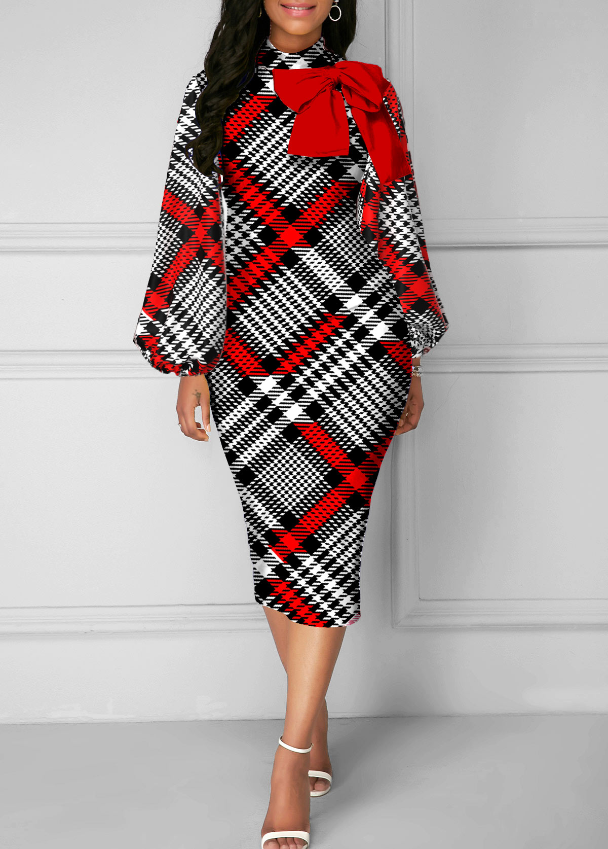 Red dresses,Houndstooth dresses,ROTITA Bowknot Houndstooth Print Red Turtleneck Dress